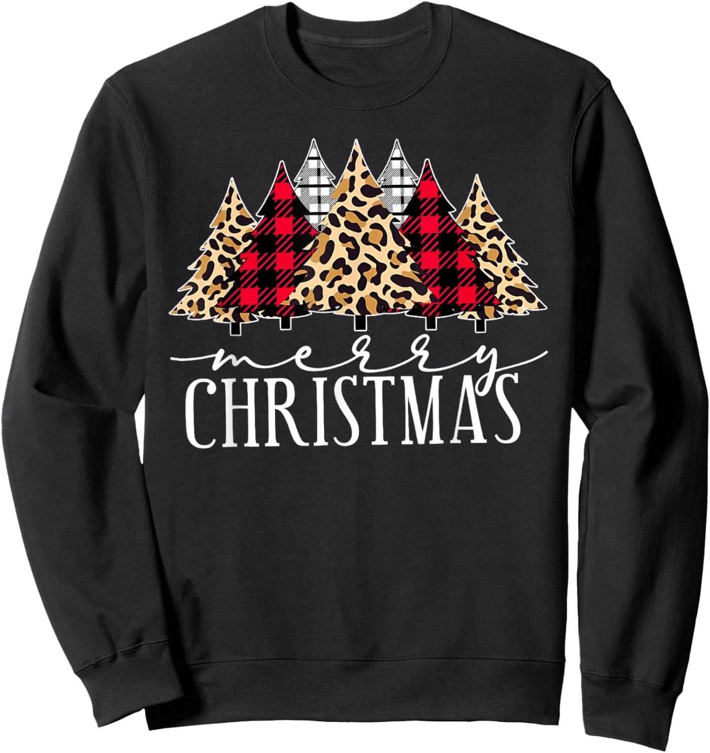 Merry Christmas Xmas Trees Leopard Buffalo Holiday Pajamas Sweatshirt - Sweatshirt | Black