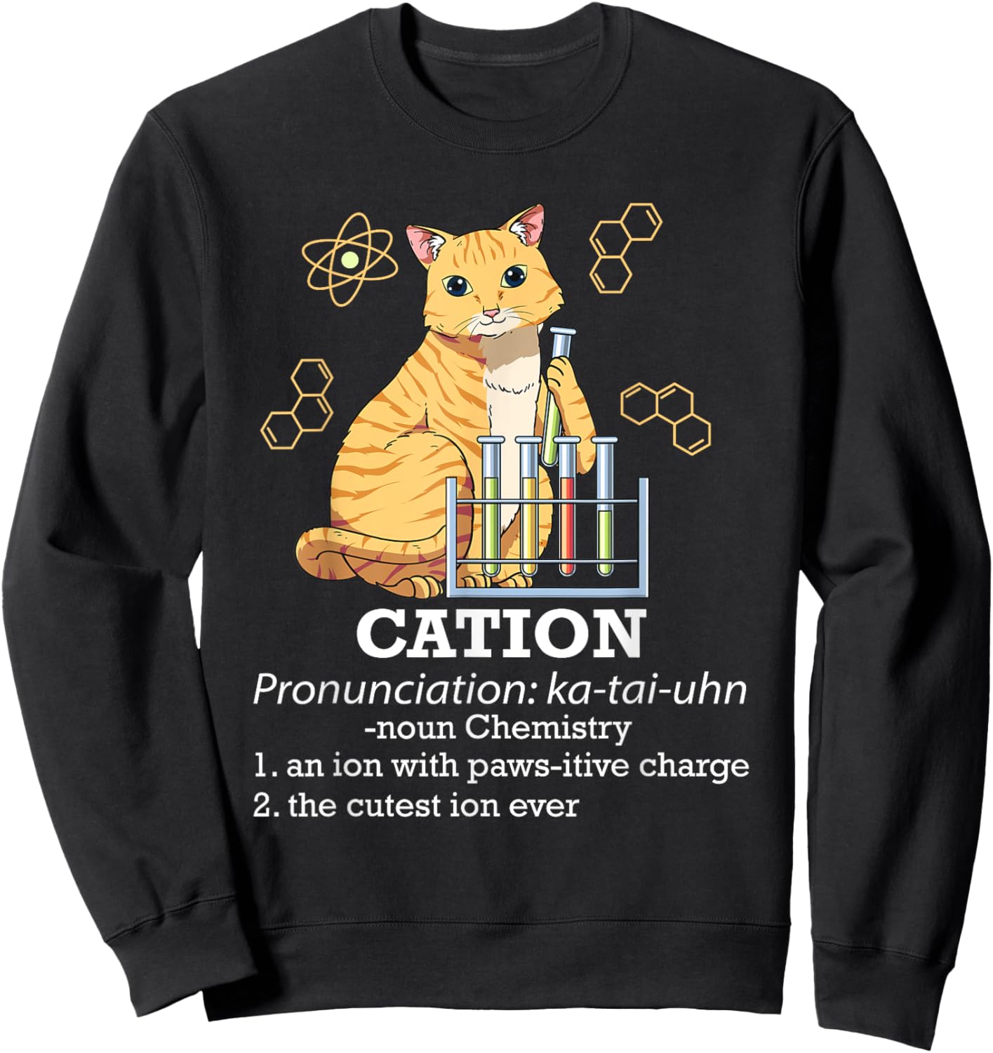Cation - Funny Chemistry Humor Science Teacher Cat Pun Men Women Kids Sweatshirt - Sweatshirt | Black