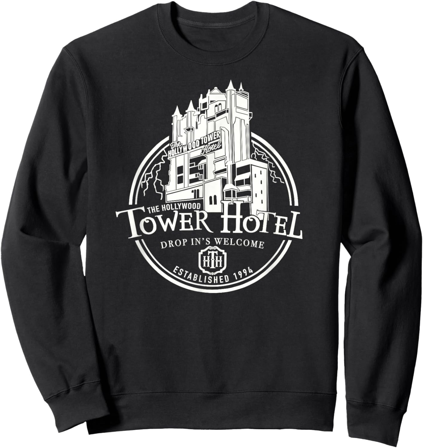 Hollywood Tower Hotel, Theme Park Ride, Drop In's Welcome Sweatshirt - Sweatshirt | Black