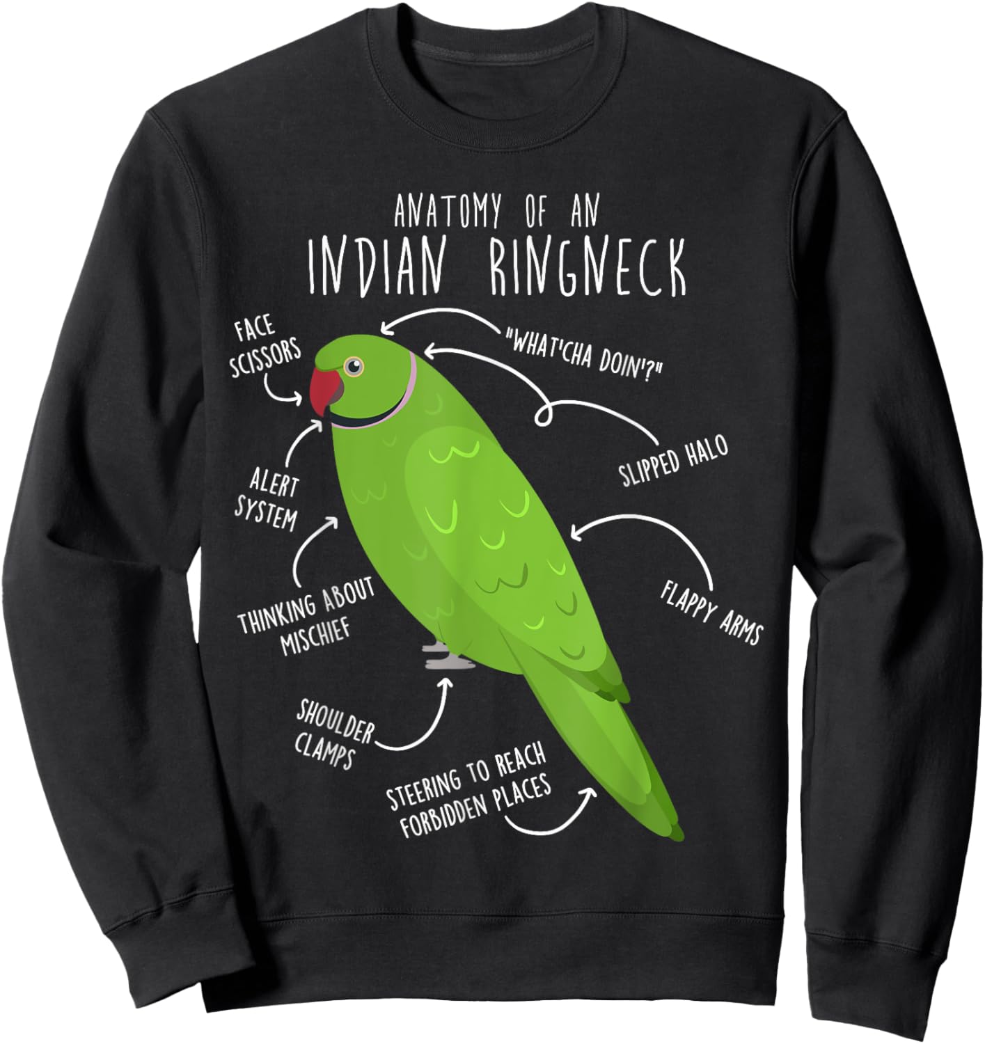 Indian Ringneck Parrot Anatomy Funny Cute Pet Green Bird Mom Sweatshirt - Sweatshirt | Black