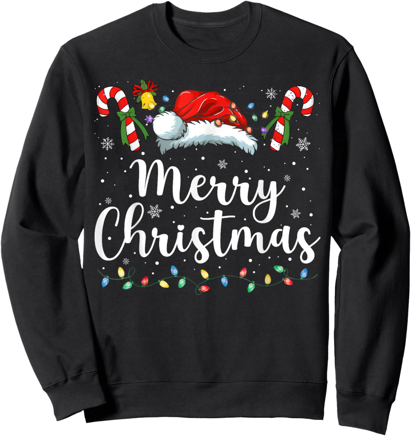 Merry Christmas Lights Red Santa Hat Xmas Family Men Women Sweatshirt - Sweatshirt | Black