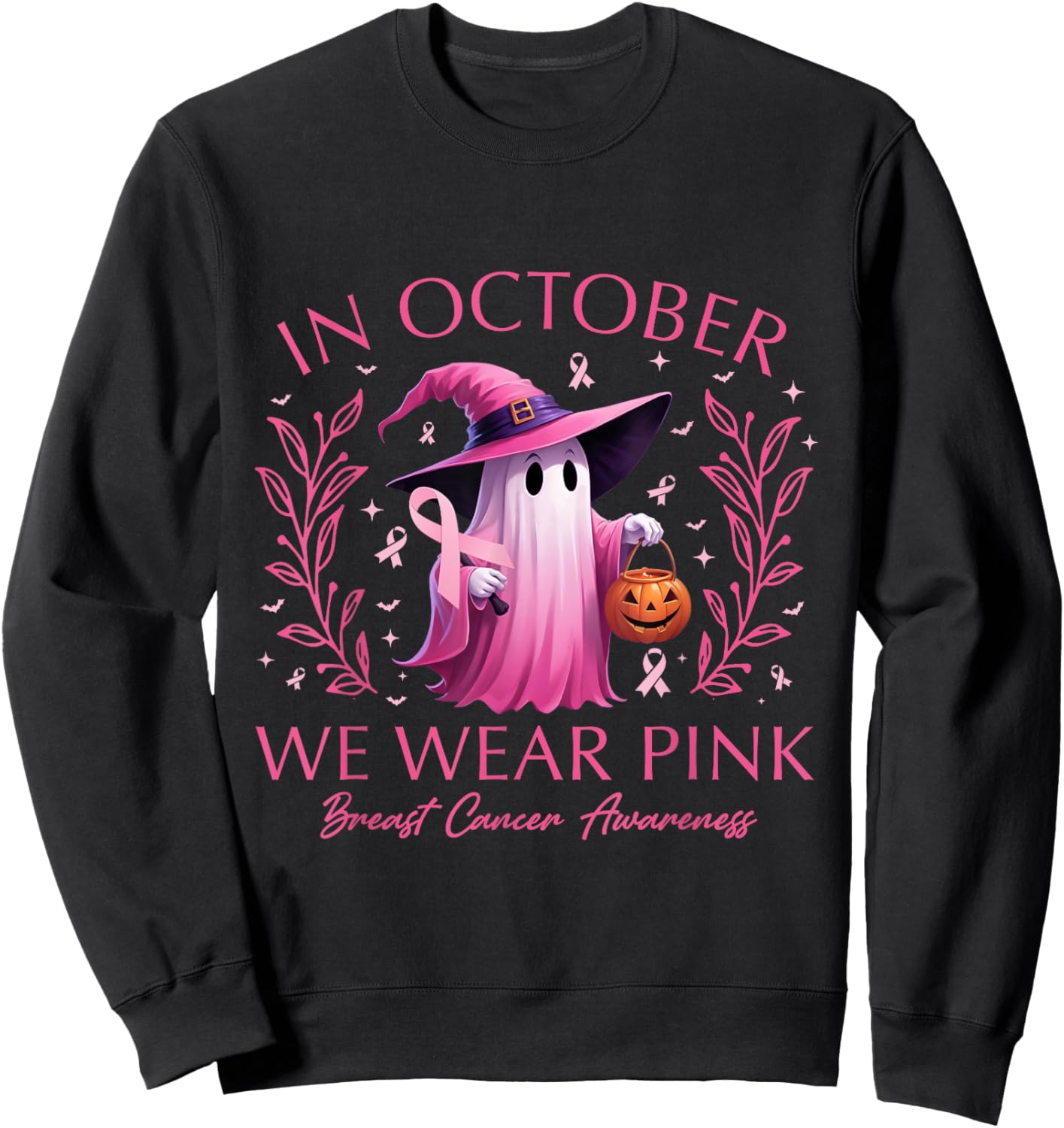 In October We Wear Pink Ghost Witch Breast Cancer Awareness Sweatshirt - Sweatshirt | Black