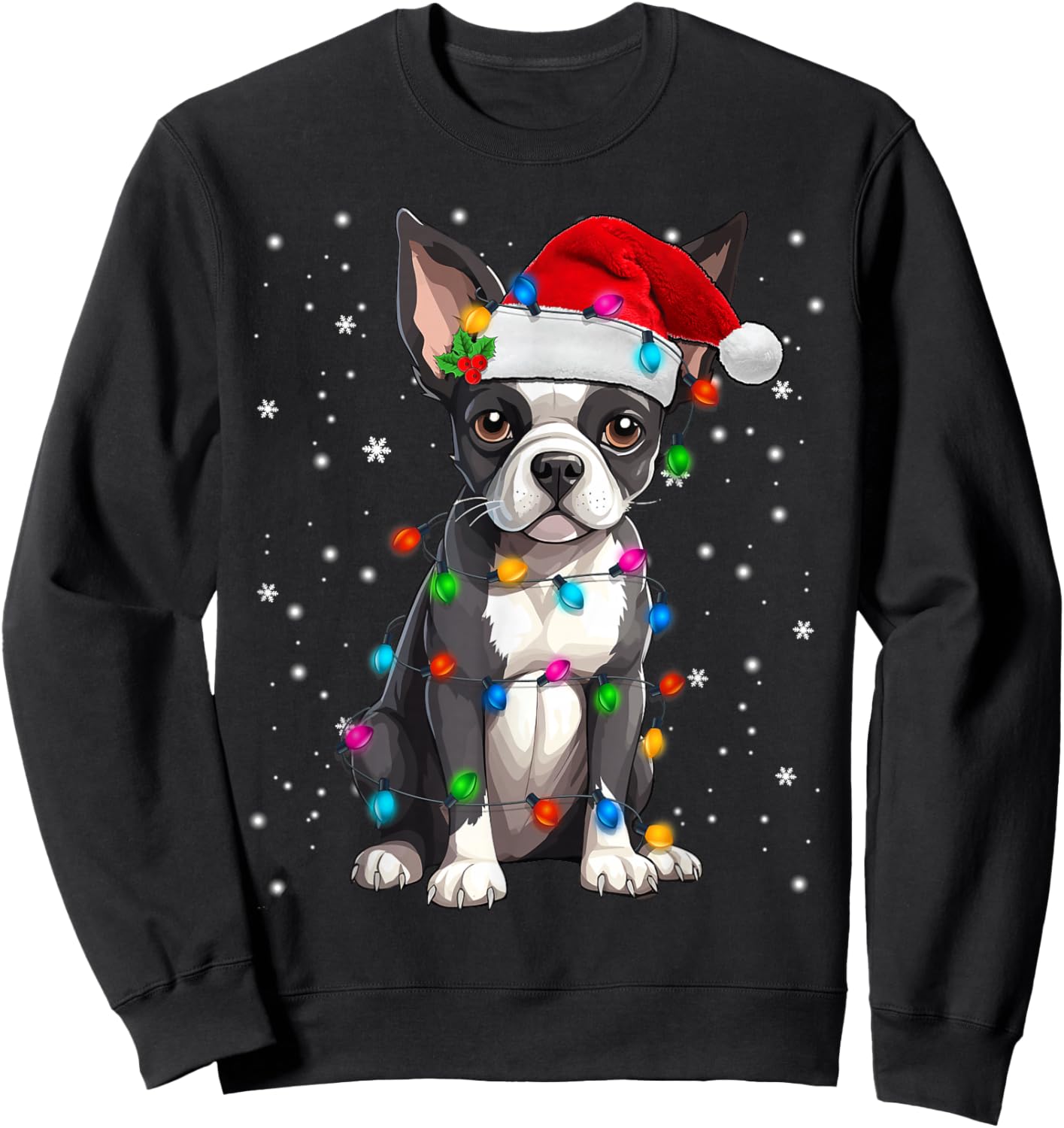 Boston Terrier Christmas Santa Hat Tree Lights Pajama Sweatshirt - Sweatshirt | Black