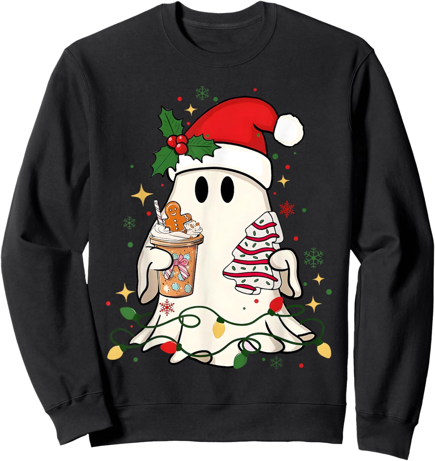 Cute Christmas Ghost Coffee Tree Cake Xmas Lights Boojee Sweatshirt - Sweatshirt | Black