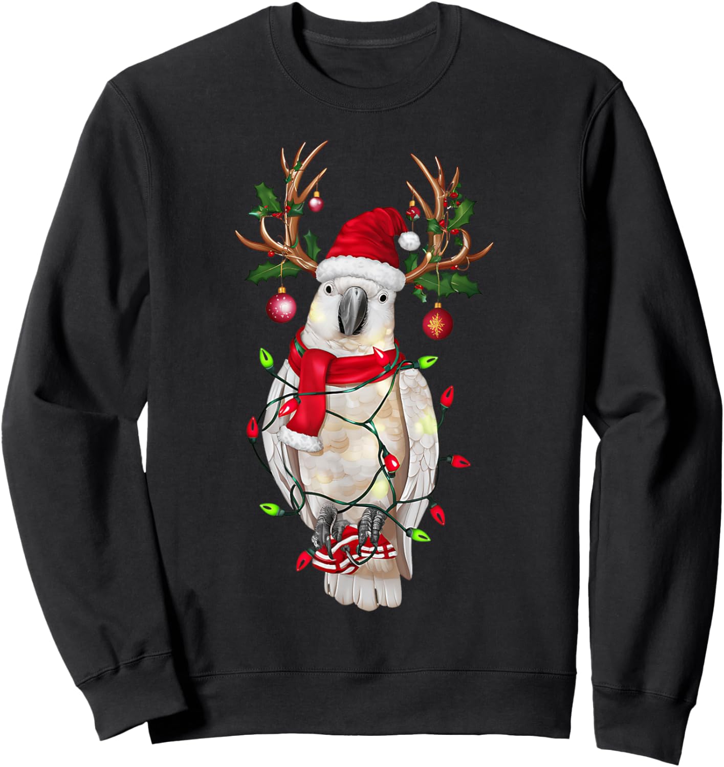 Funny Cockatoo Reindeer Christmas Tree Light Xmas - Black, -Adults & Kids, Short Sleeve, , Size Small Sweatshirt - Sweatshirt | Black