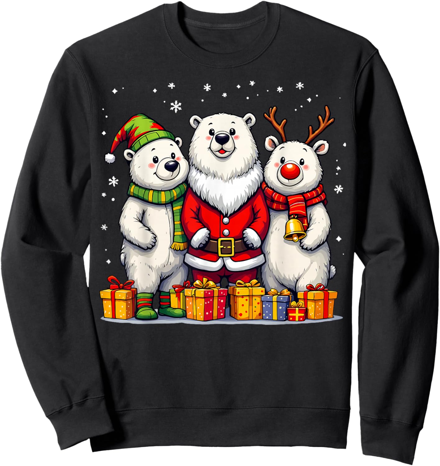 Cute Christmas Polar Bears in Santa Elf and Reindeer Costume Sweatshirt - Sweatshirt | Black