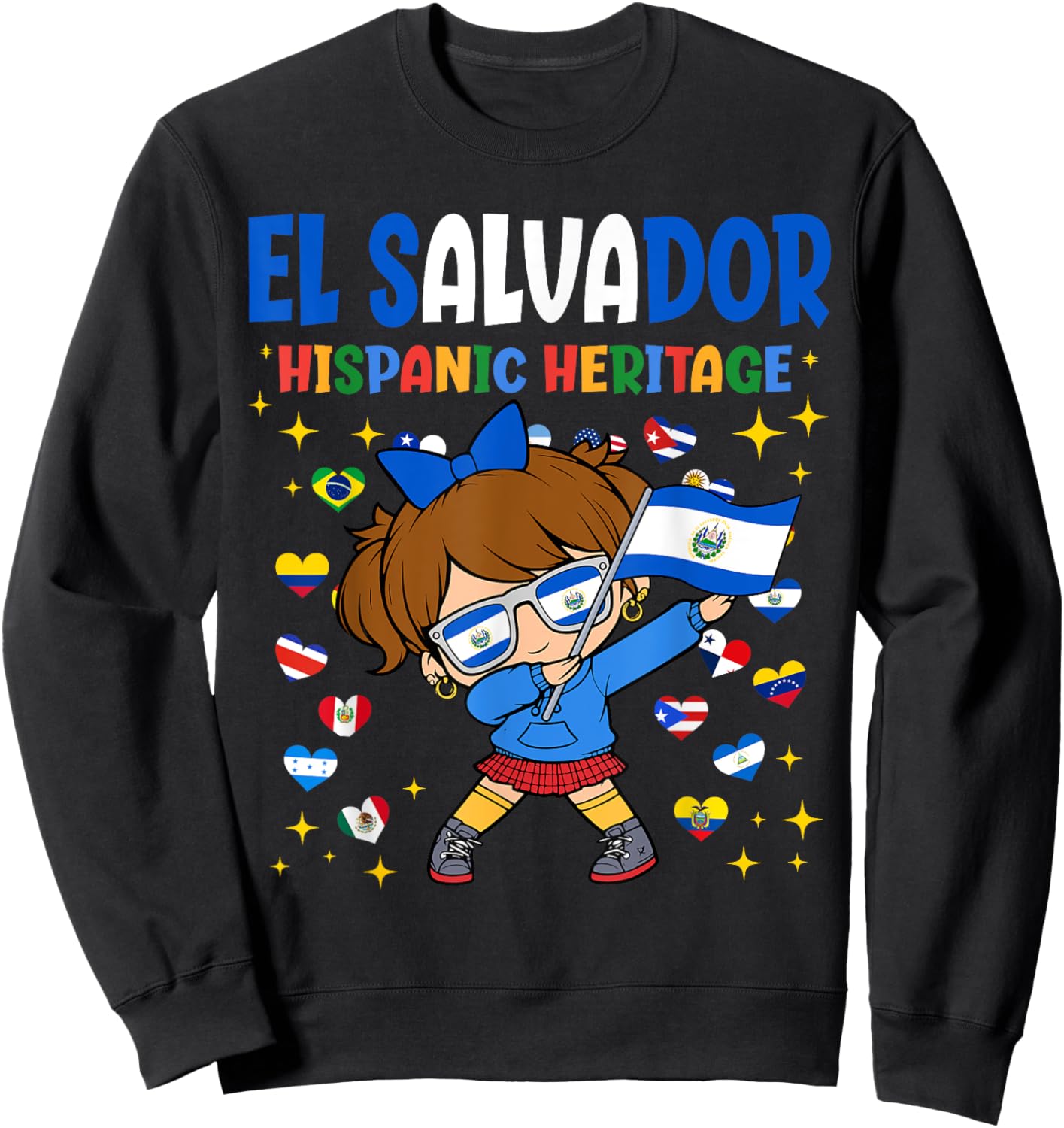 Hispanic Heritage Month El Salvador Flag Salvadoran Girl Kid Sweatshirt - Sweatshirt | Black