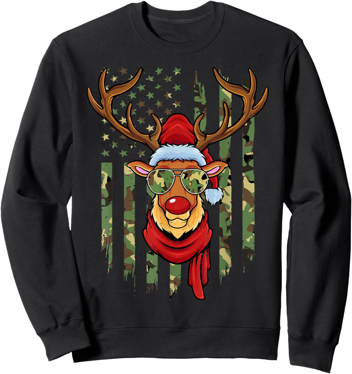 Patriotic Reindeer Camo American Flag Veteran Christmas Sweatshirt - Sweatshirt | Black