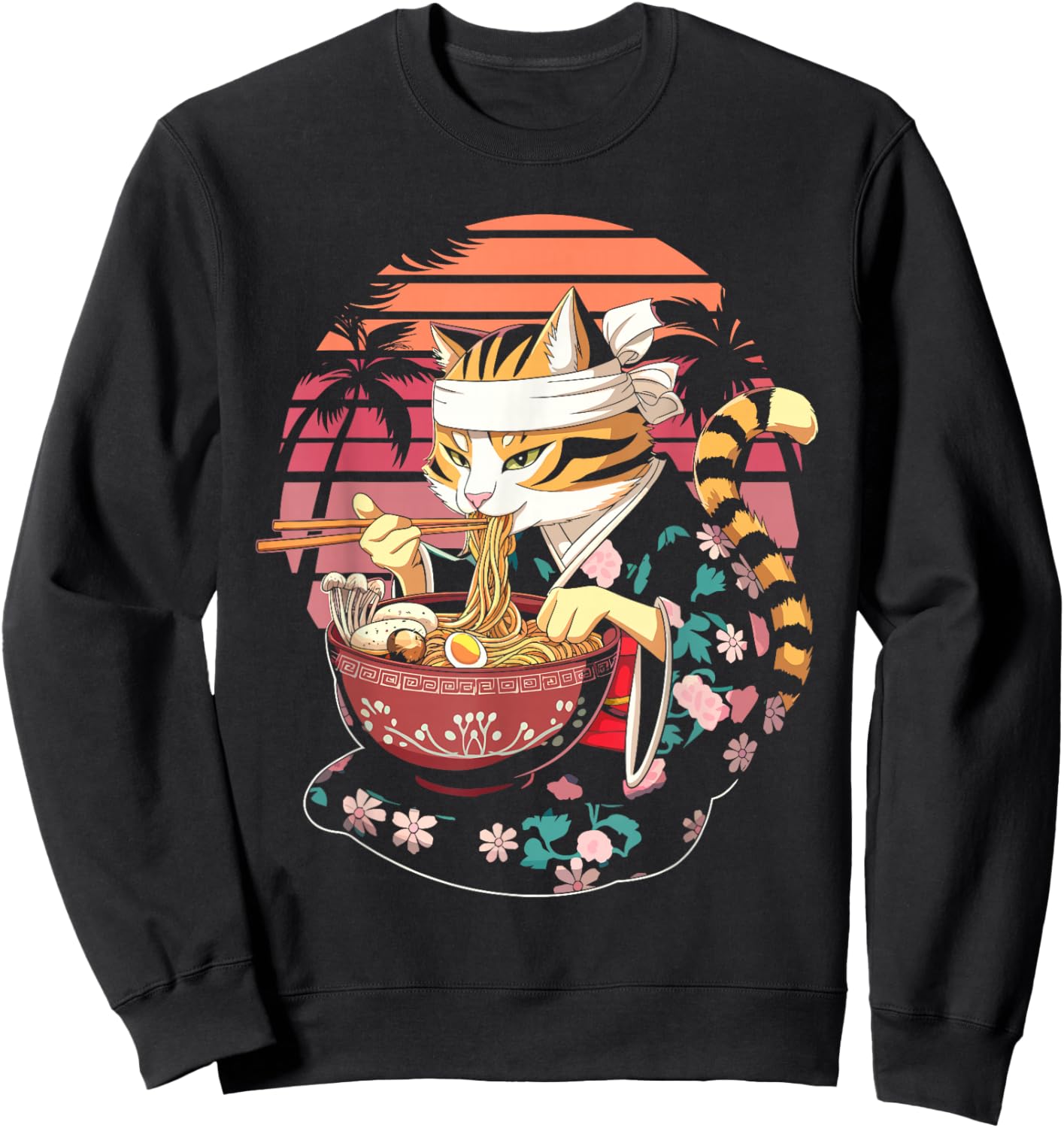 Ramen Cat Sunset Kawaii Cat Anime Ramen Noodles Japan Sweatshirt - Sweatshirt | Black