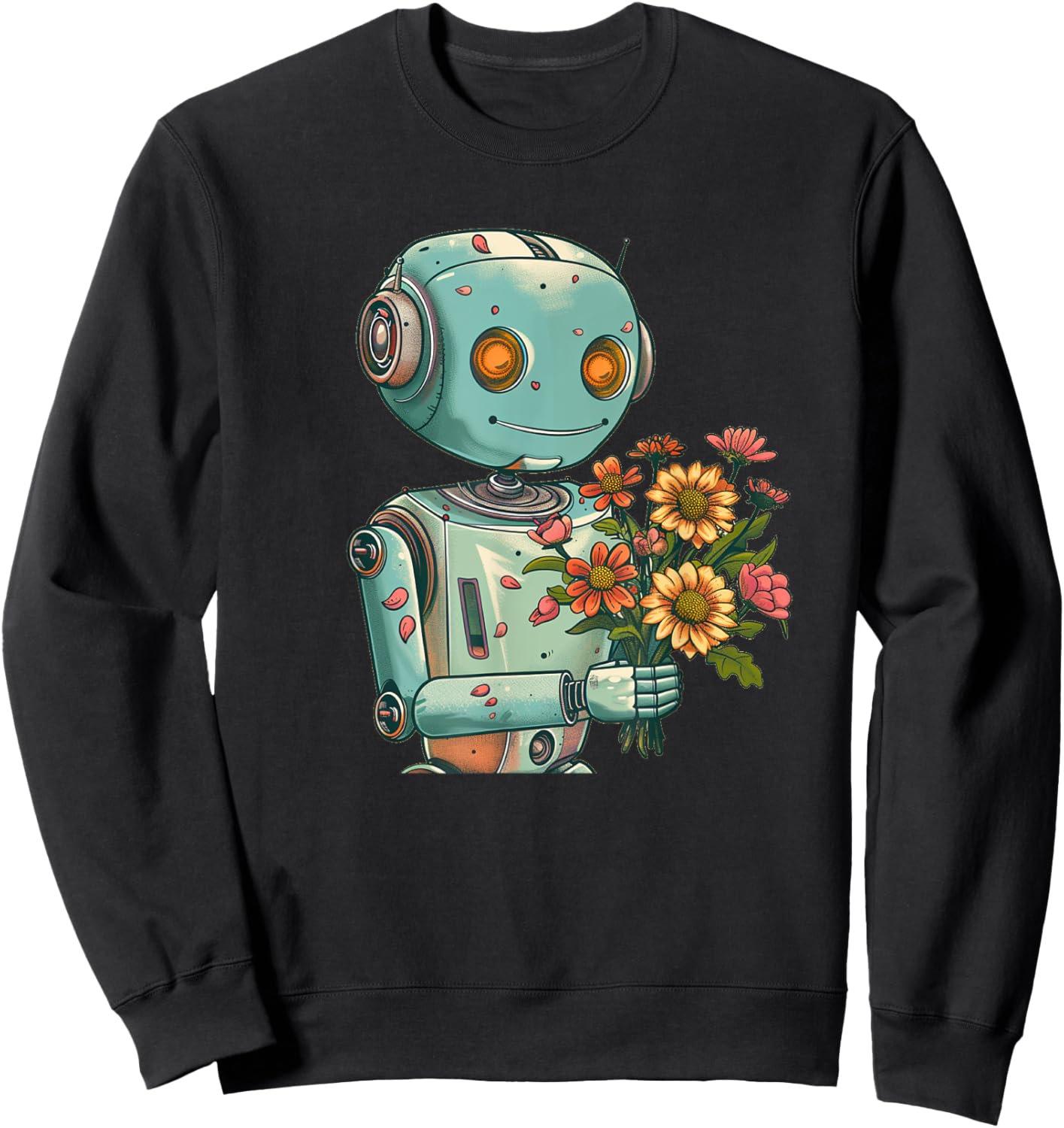 Robot with Bloom and Flowers Outfit for Boys and Girls Sweatshirt - Sweatshirt | Black
