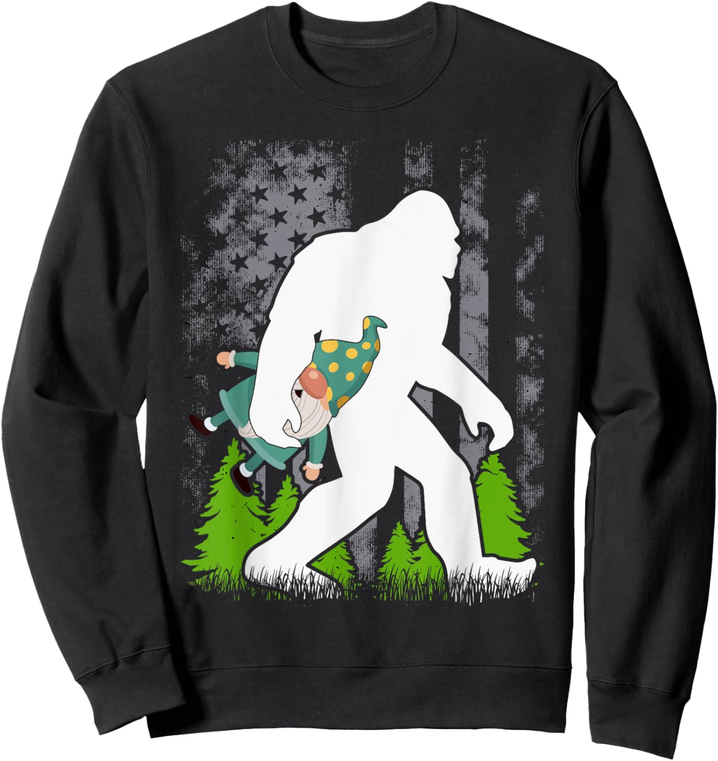 Bigfoot Carrying Gnome Funny Cute Sasquatch Sweatshirt - Sweatshirt | Black