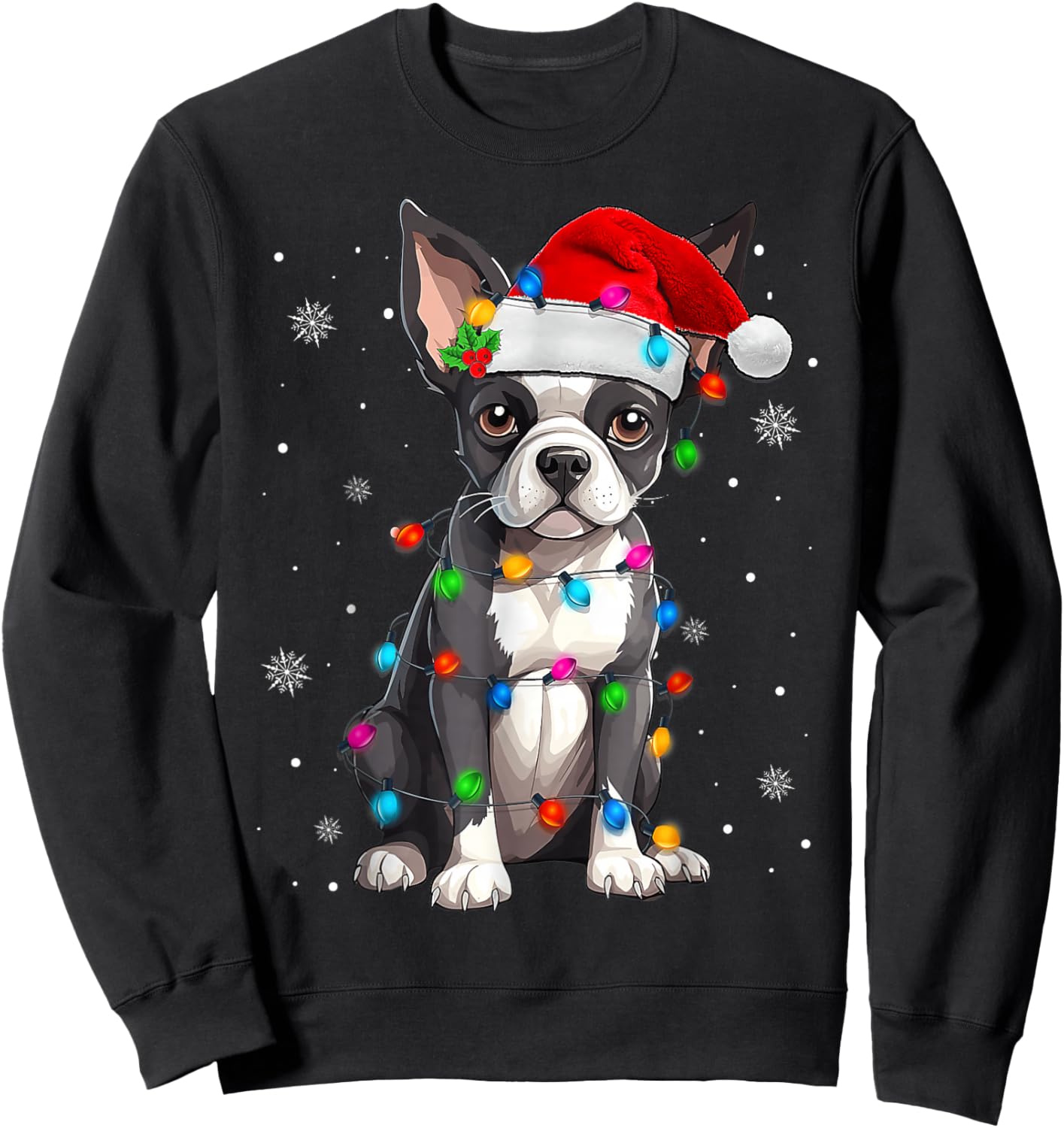 Boston Terrier Christmas Santa Hat Tree Lights Pajama Sweatshirt - Sweatshirt | Black