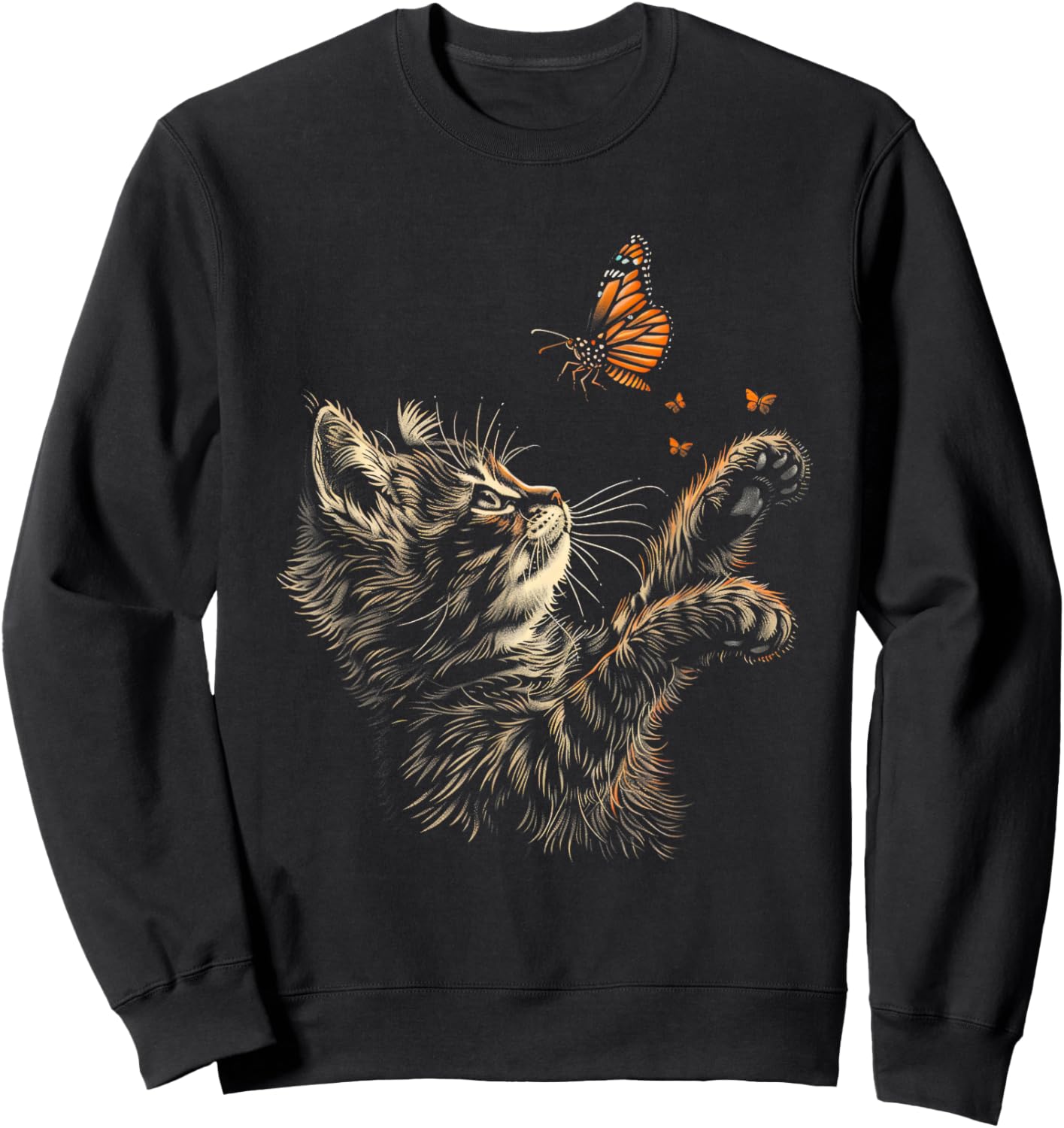 Cute Cat Butterfly Graphic Women Teens Girls Sweatshirt - Sweatshirt | Black