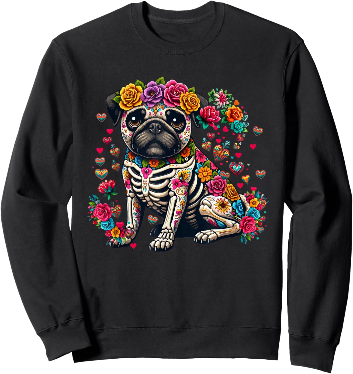 Pug Floral Skeleton Dia De Los Muertos Mexican Lover Owner Sweatshirt - Sweatshirt | Black