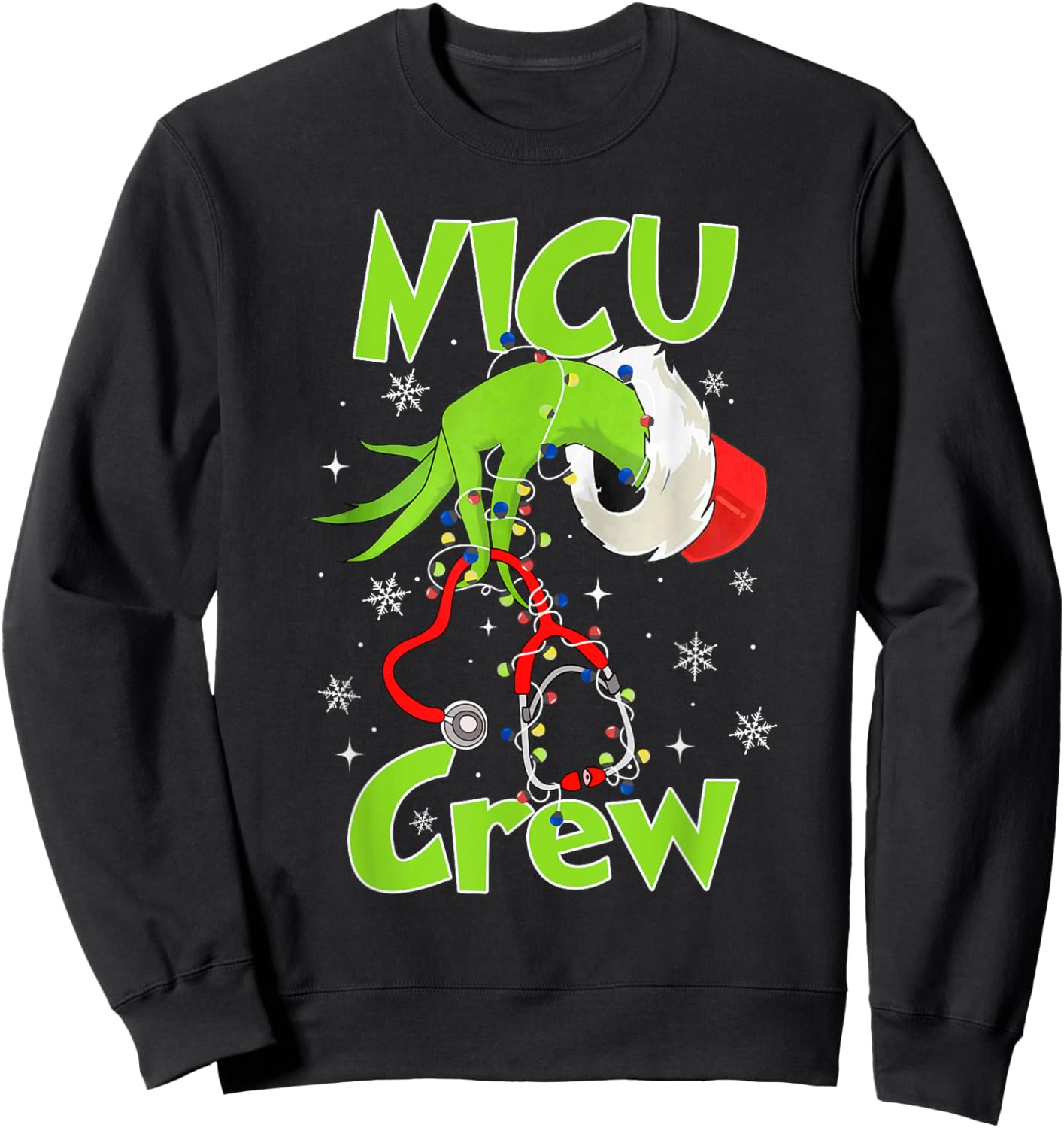 Nurse Christmas Stethoscope NICU Crew Xmas Lights Pajamas Sweatshirt - Sweatshirt | Black