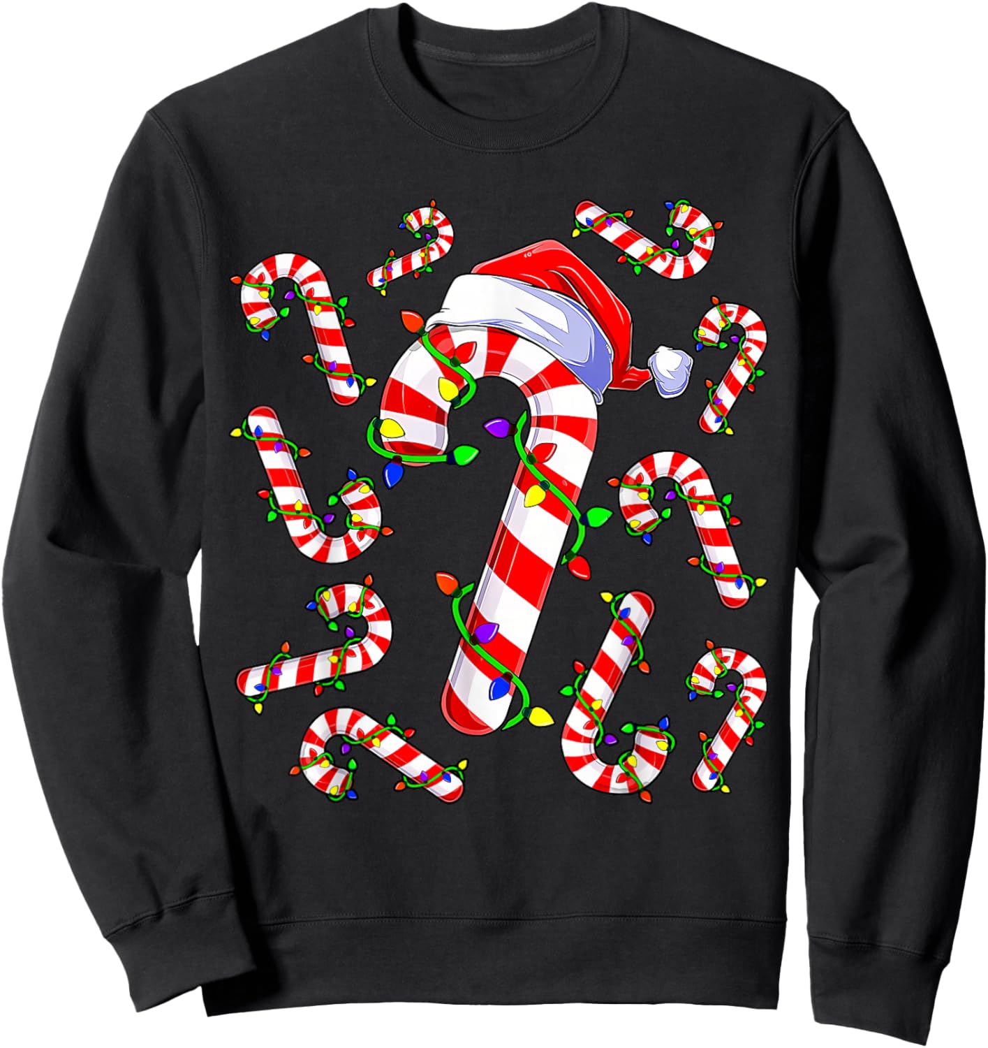 Red and White Christmas Candy Cane Santa Lights Christmas Sweatshirt - Sweatshirt | Black