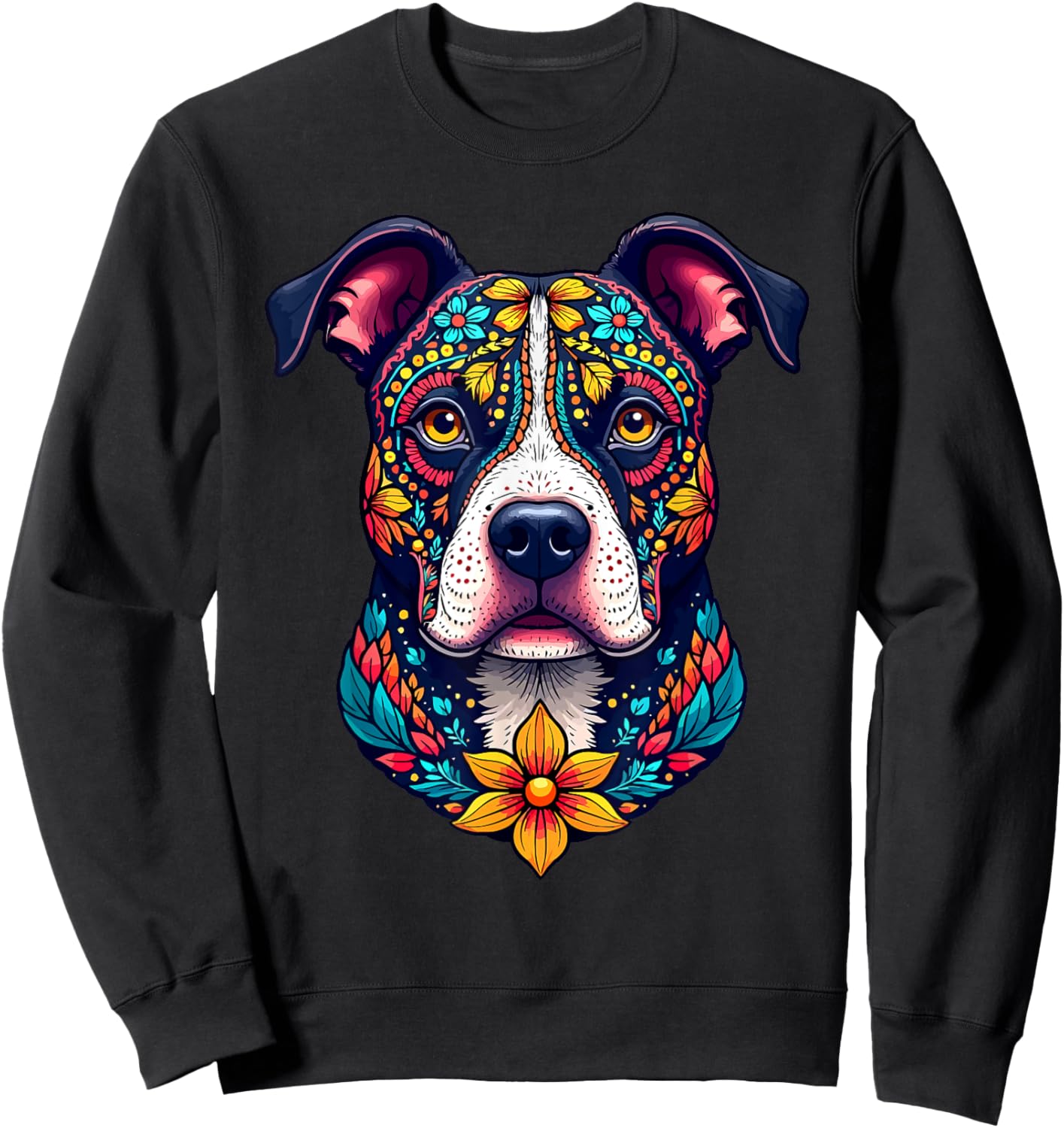 Mexican Sugar Skull Pitbull Dog Dia de Muertos Halloween Day Sweatshirt - Sweatshirt | Black