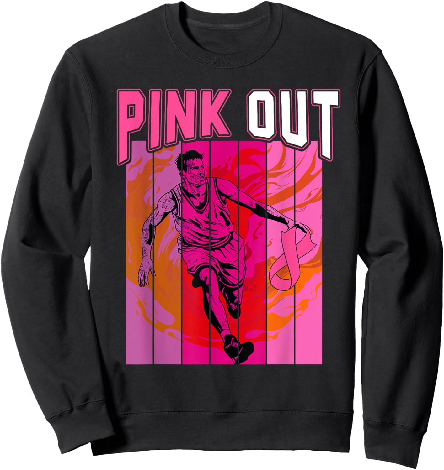 Retro Pink Out Breast Cancer Basketball Player & Pink Ribbon Sweatshirt - Sweatshirt | Black