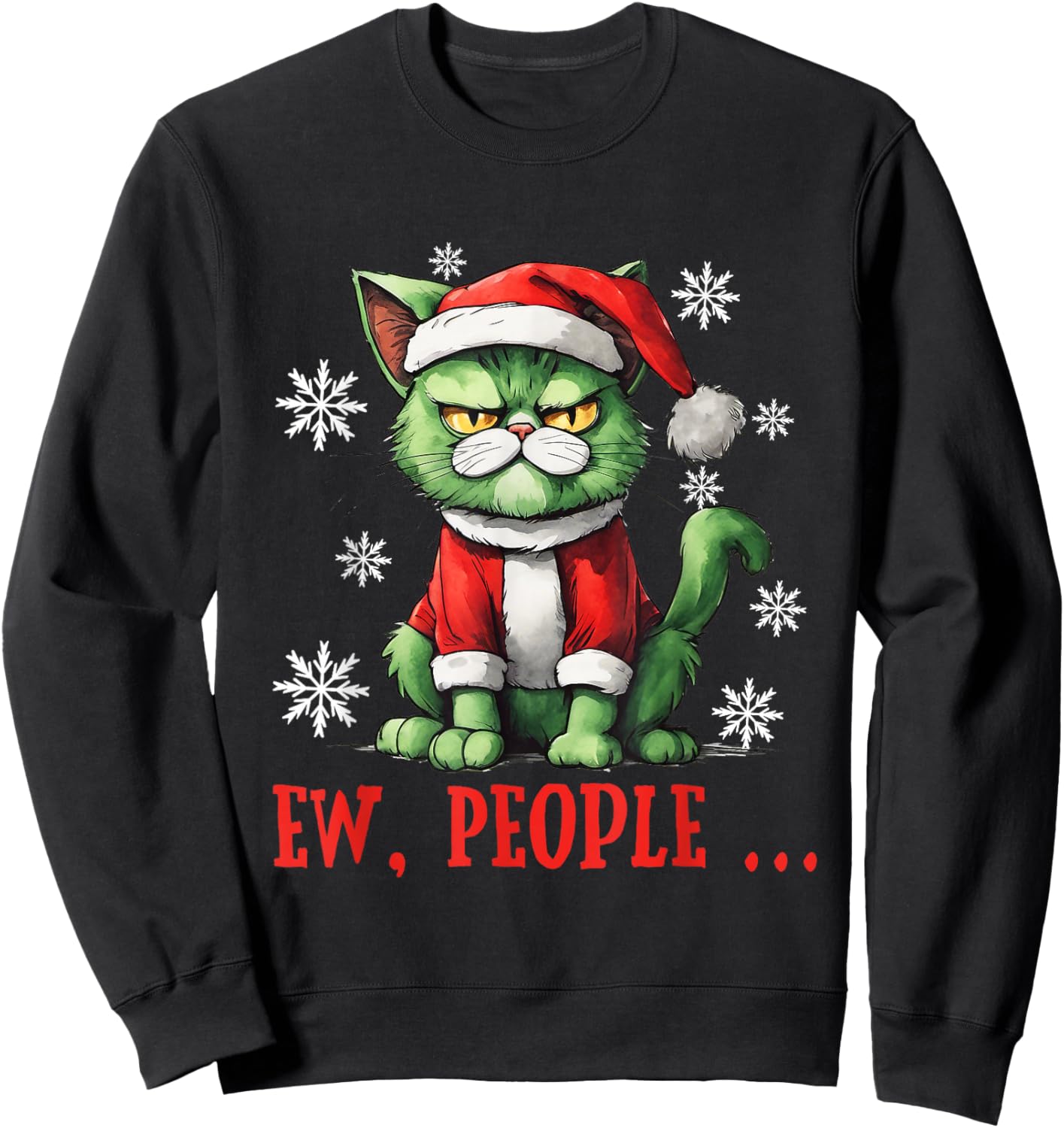 Ew People Grumpy Santa Cat Pun Christmas Sweatshirt - Sweatshirt | Black