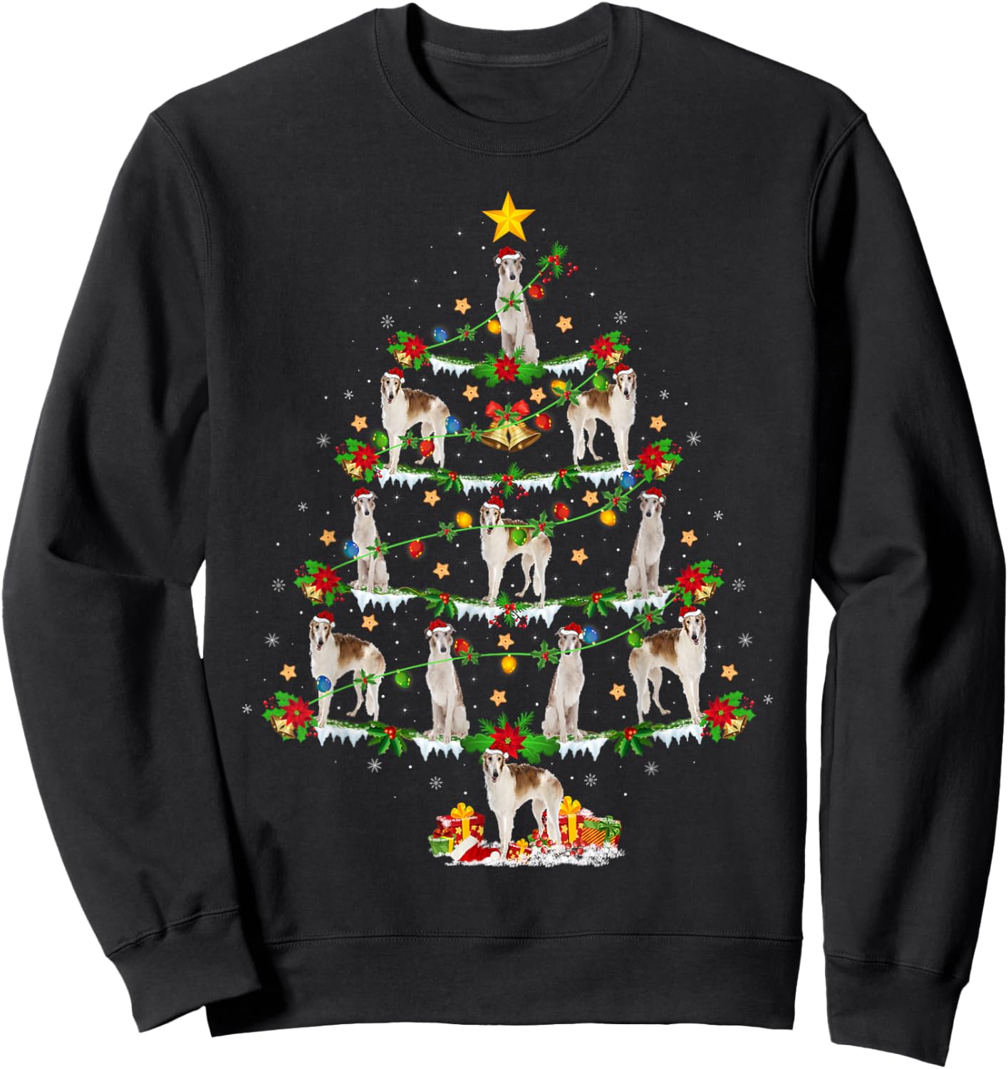 Borzoi Dog Xmas Lights Santa Borzoi Christmas Tree Women Kids Sweatshirt - Sweatshirt | Black
