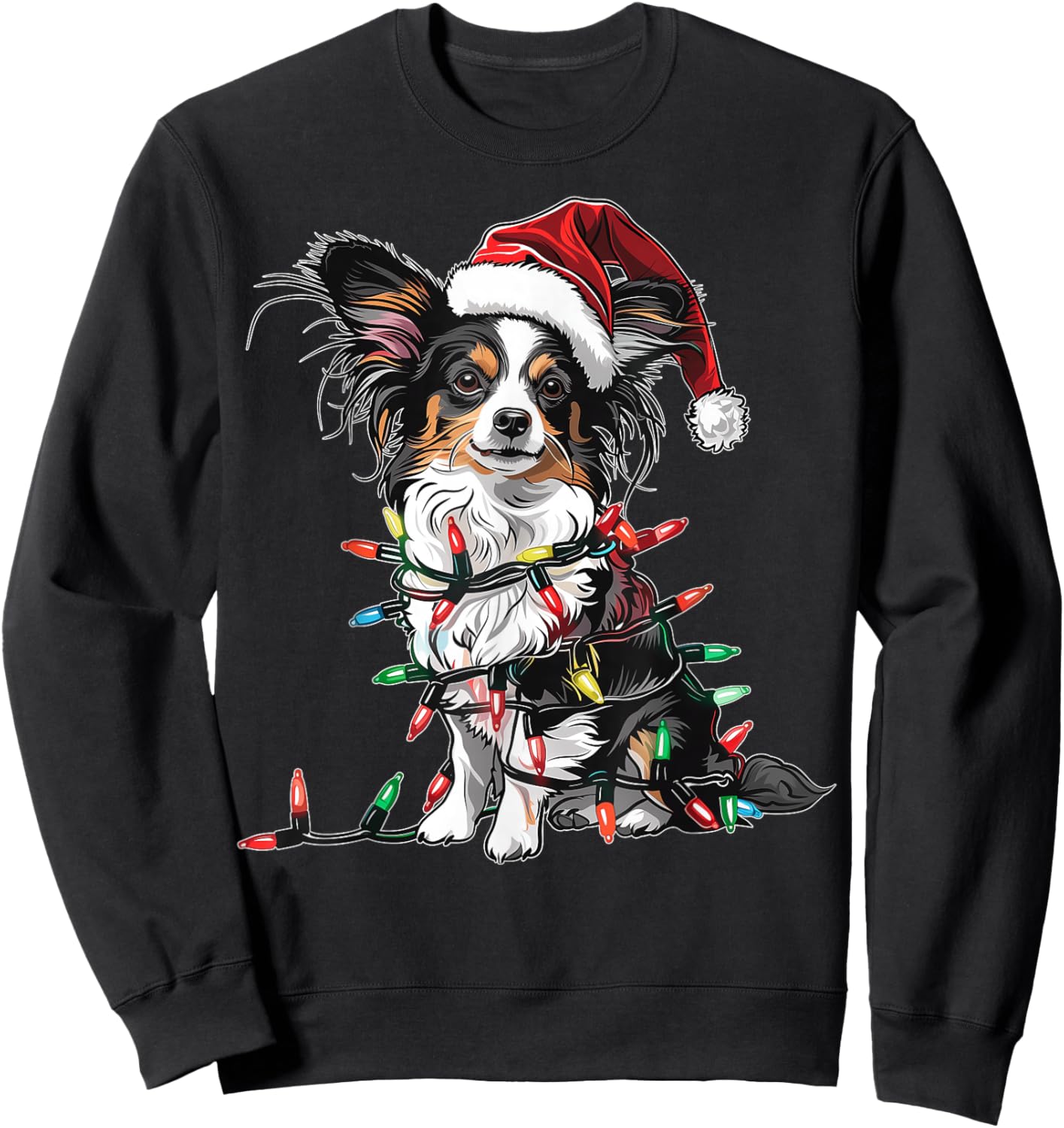 Cute Papillon Dog Christmas Hat Xmas Sweatshirt - Sweatshirt | Black