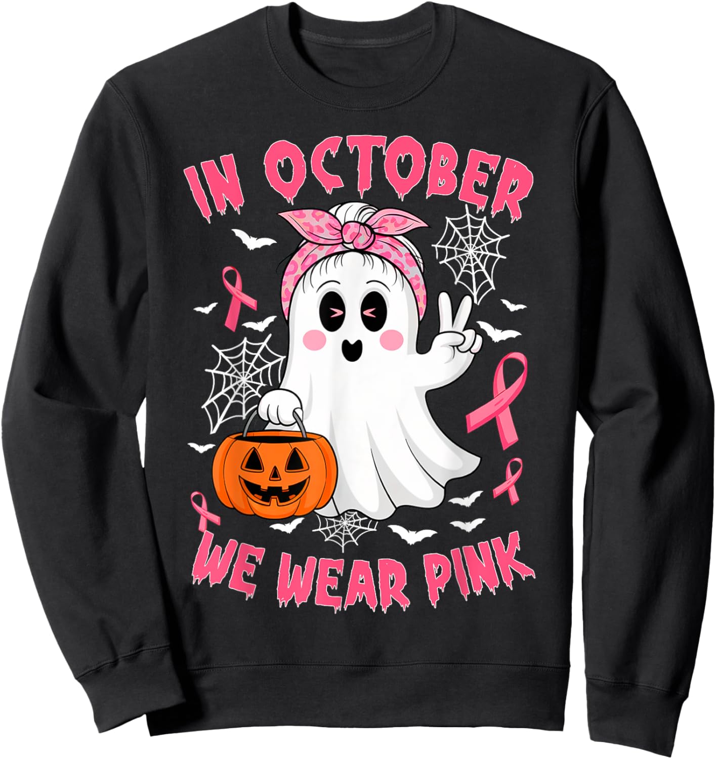 Breast Cancer Awareness In October We Wear Pink Cute Ghost Sweatshirt - Sweatshirt | Black