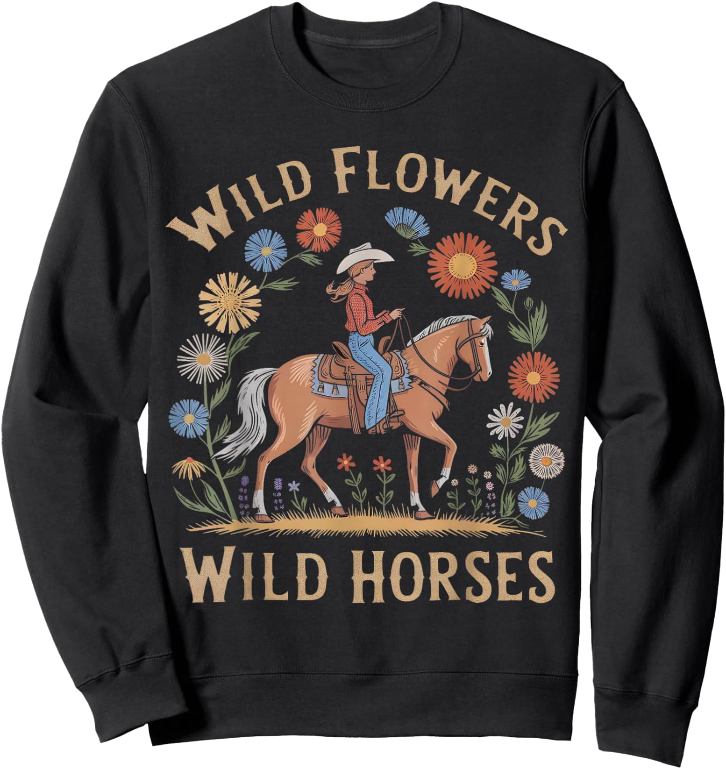 Retro Southern Sunset Wild Cowgirl Flowers - Wild Horses Sweatshirt - Sweatshirt | Black