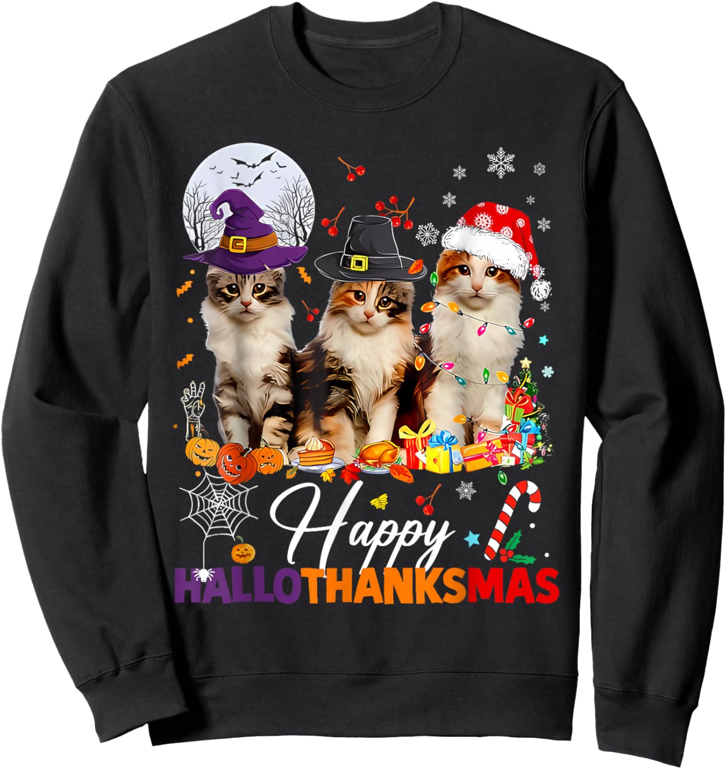 Happy Hallothanksmas Cute Cats Halloween Thanksgiving Xmas Sweatshirt - Sweatshirt | Black