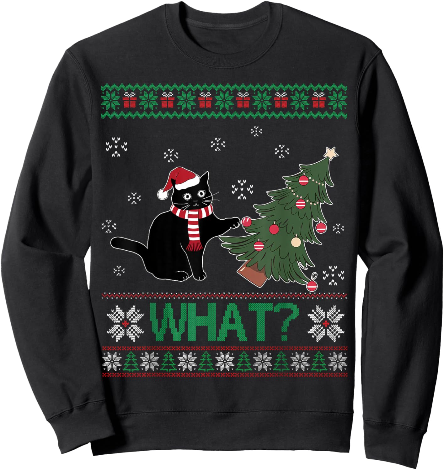 Black Cat What Pushing Christmas Tree Funny Cat Xmas Gifts Men Women Kids Sweatshirt - Sweatshirt | Black