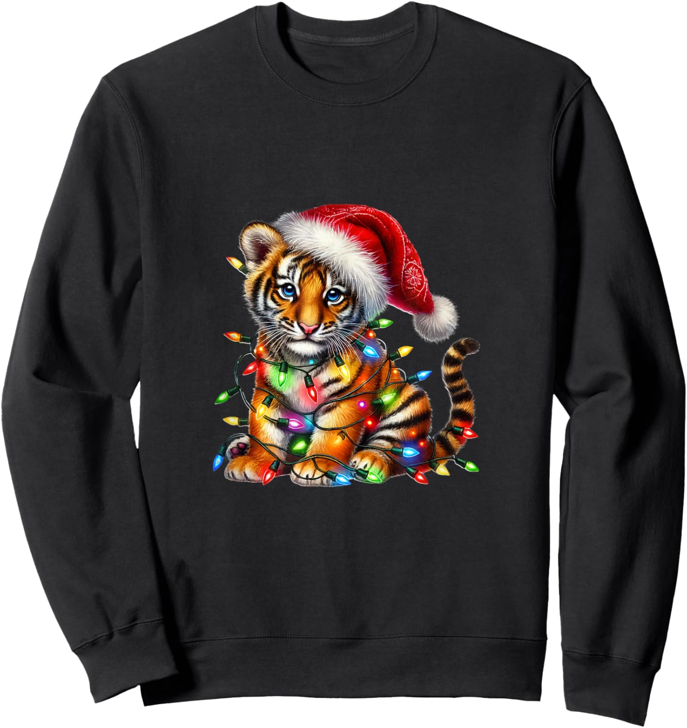 Cute Tiger Christmas Lights Festive Holiday Sweatshirt - Sweatshirt | Black