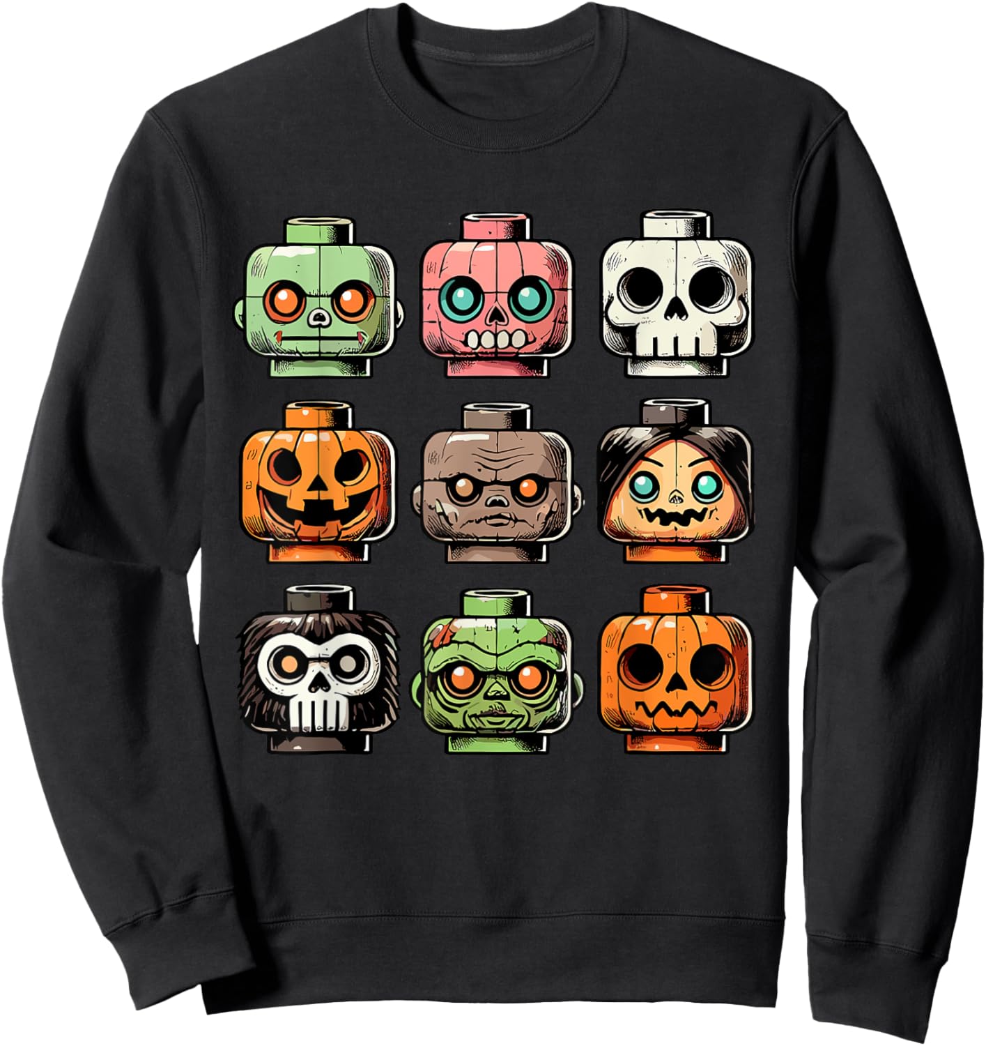 Retro Horror Bricks Head Scary Halloween Mask Sweatshirt - Sweatshirt | Black