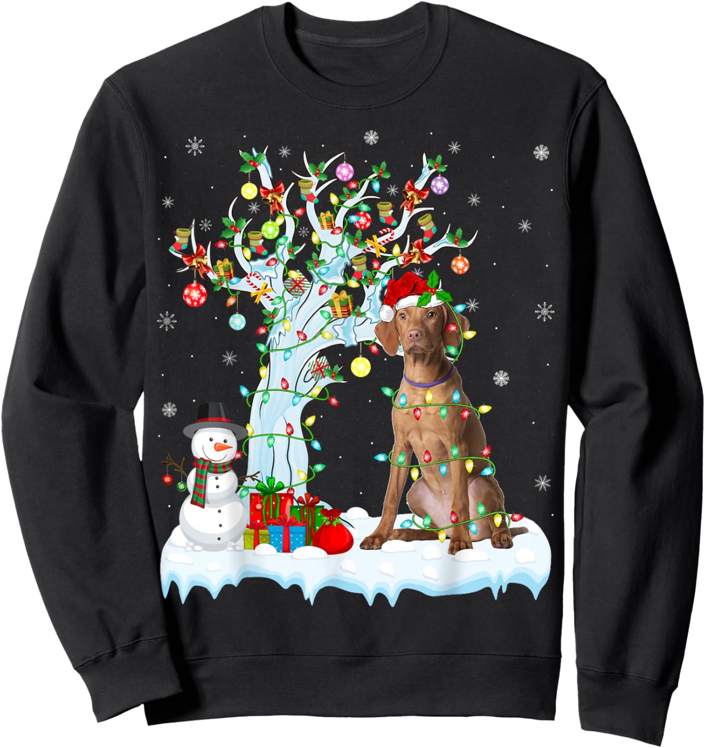 Vizsla Dog Xmas Lighting Tree Santa Hat Vizsla Christmas Men Women Kids Sweatshirt - Sweatshirt | Black