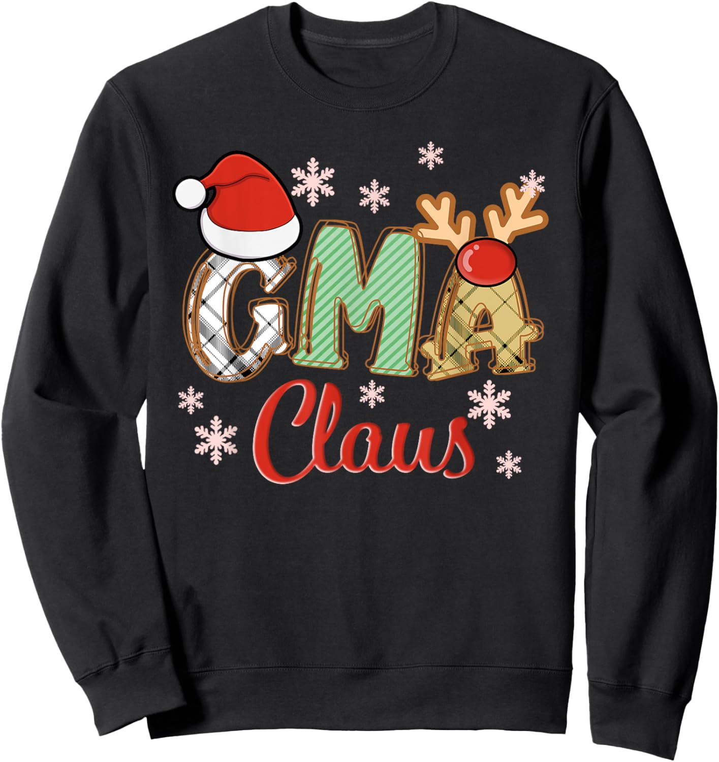 Gma Claus Santa Hat Reindeer Plaid Christmas Pajama Family Sweatshirt - Sweatshirt | Black