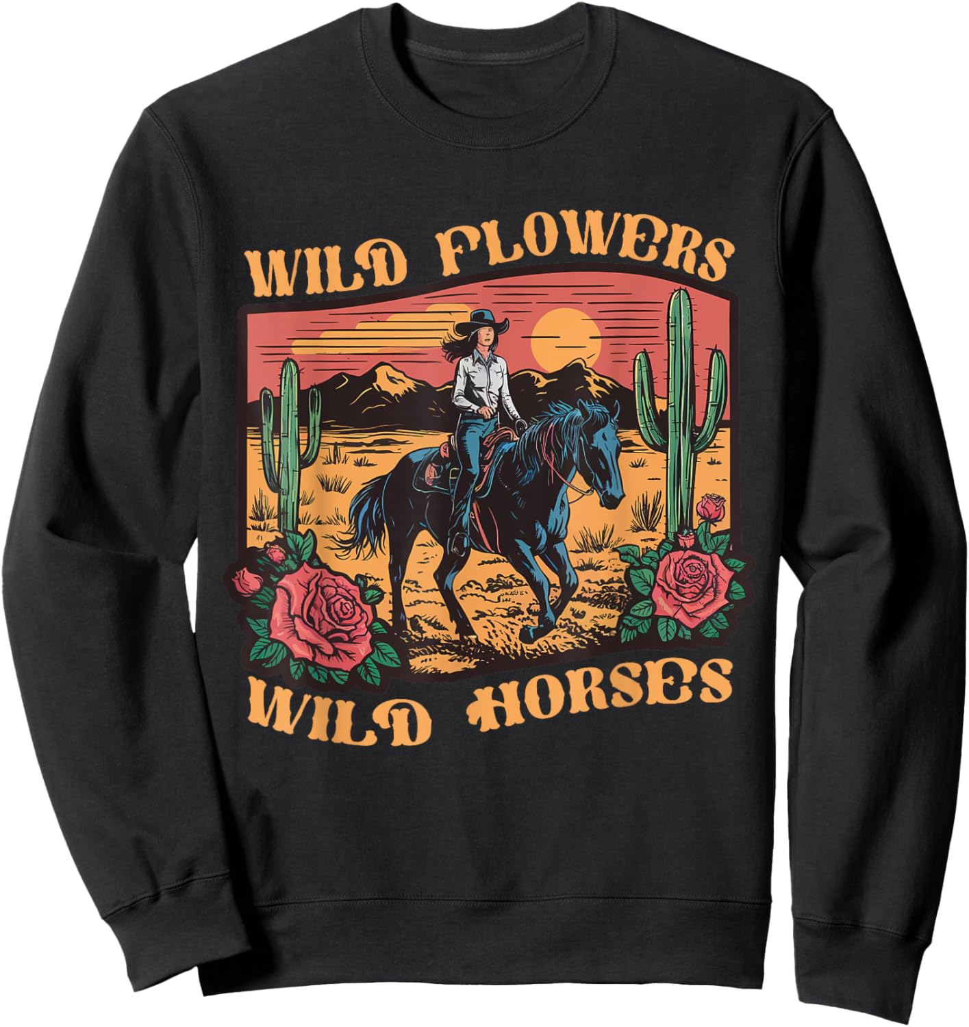 Vintage Sunset Cowgirl Riding Horse Wildflowers Women Girls Sweatshirt - Sweatshirt | Black