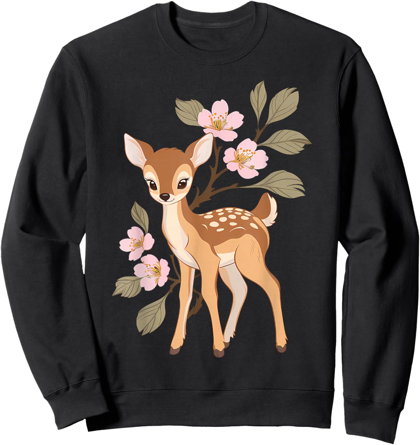 Cute Kawaii Japanese Graphic Deer Sakura Cherry Blossom Sweatshirt - Sweatshirt | Black
