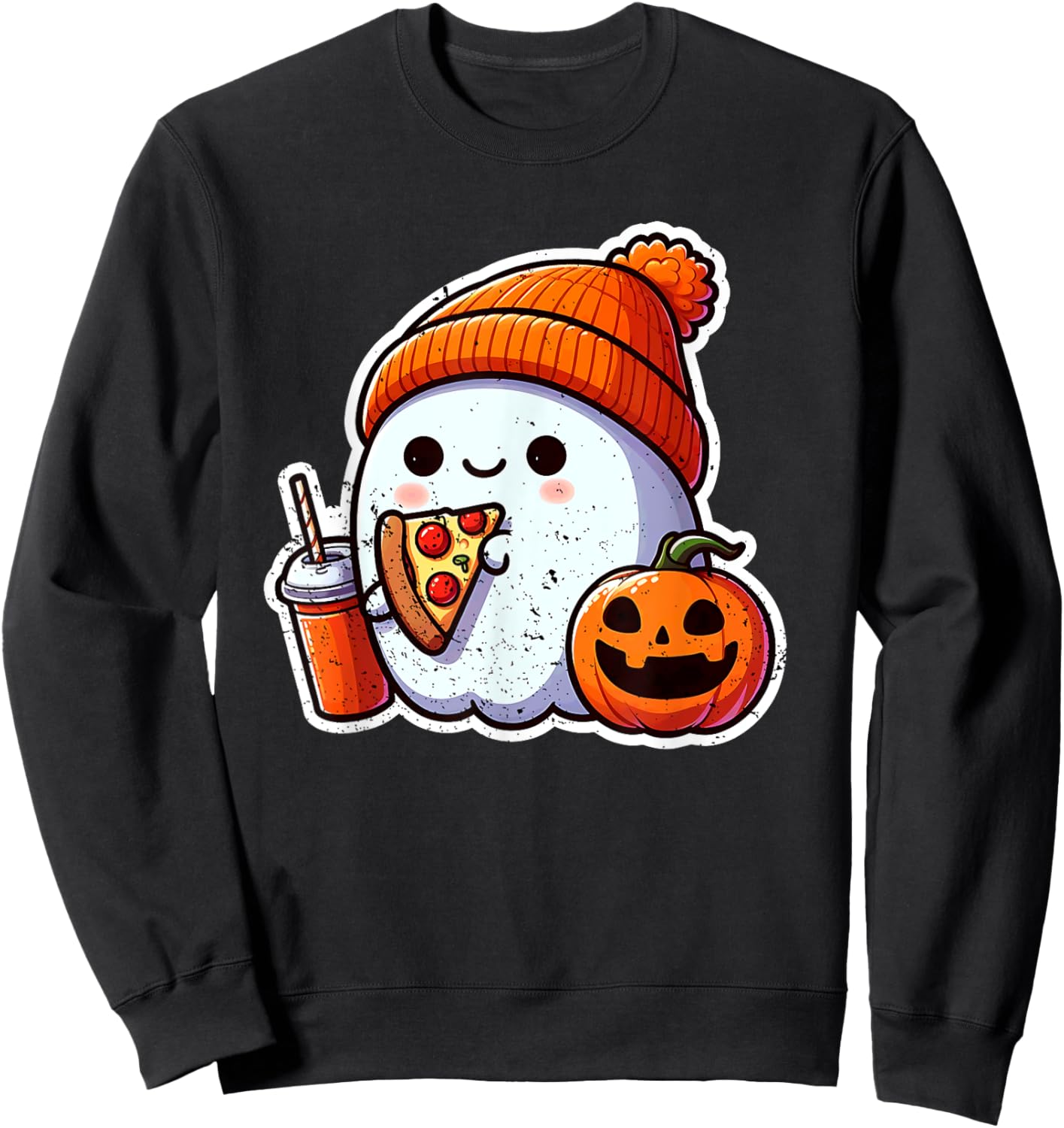 Halloween Ghost Coffee n Pizza Cute Costume Girl Kids Women Sweatshirt - Sweatshirt | Black