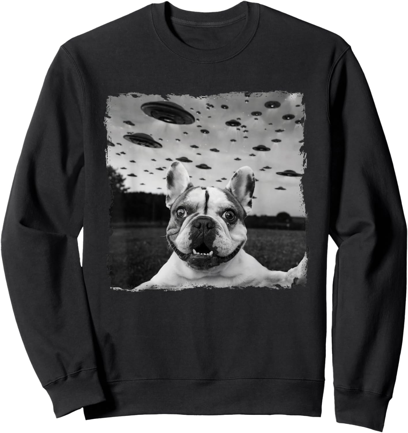 French BullDog Selfie UFO Alien Abduction Halloween Dog Sweatshirt - Sweatshirt | Black