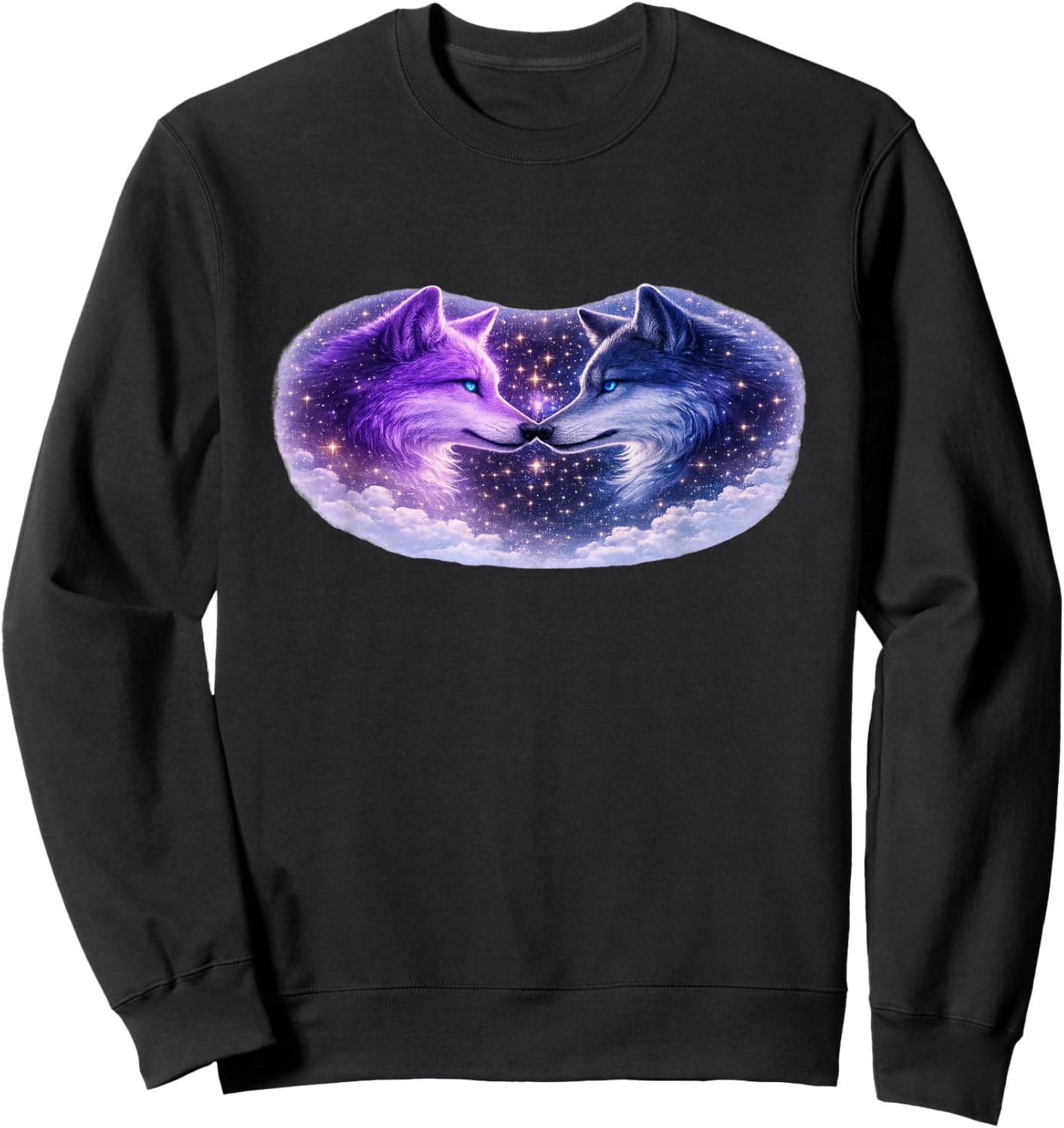 Celestial Purple Blue Wolves Cosmic Spirit Wolf Art T-Shirt - Sweatshirt | Black