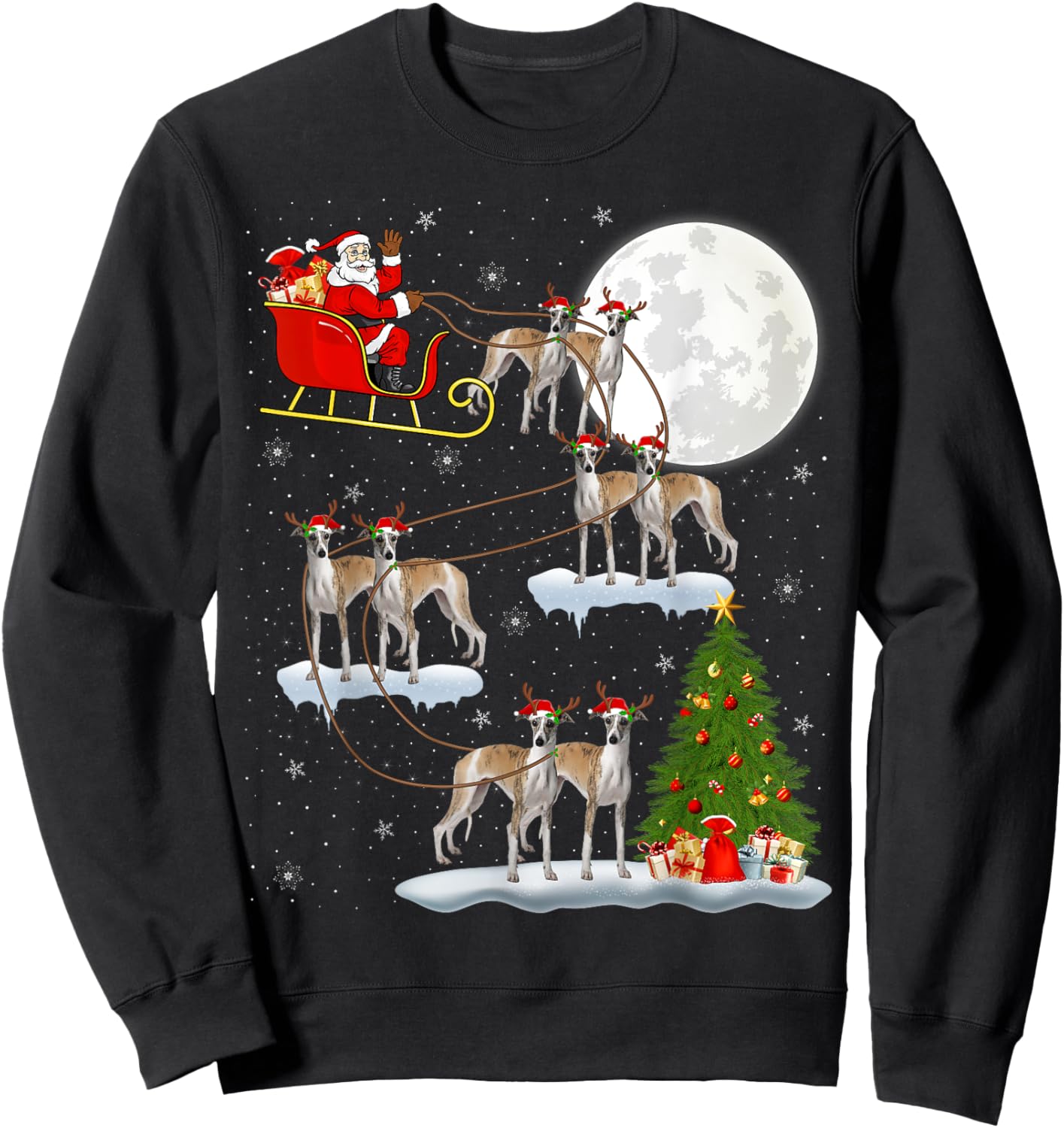 Xmas Tree Lights Funny Santa Riding Whippet Dog Christmas Sweatshirt - Sweatshirt | Black