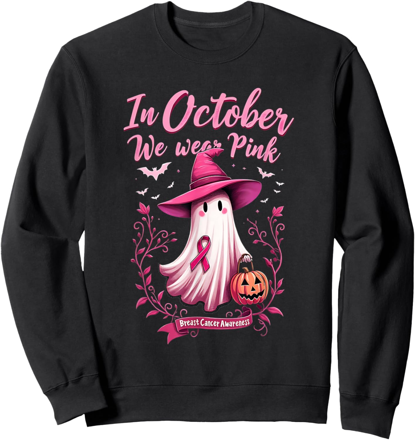 Cute We Wear Pink Ghost Witch Hat Breast Cancer Awareness Sweatshirt - Sweatshirt | Black