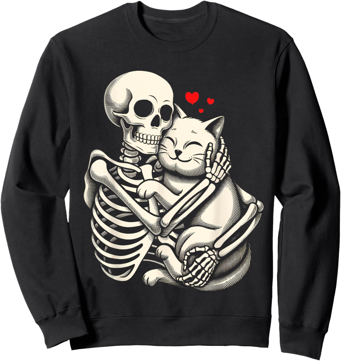 Skeleton Hugging Cat Halloween Cat Lover Cat Mom Dad Women Kids Sweatshirt - Sweatshirt | Black