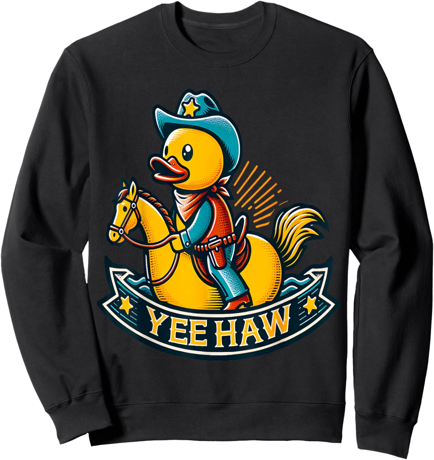 Cowboy Duck riding Horse Yeehaw Wild West Rubber Duck Sweatshirt - Sweatshirt | Black