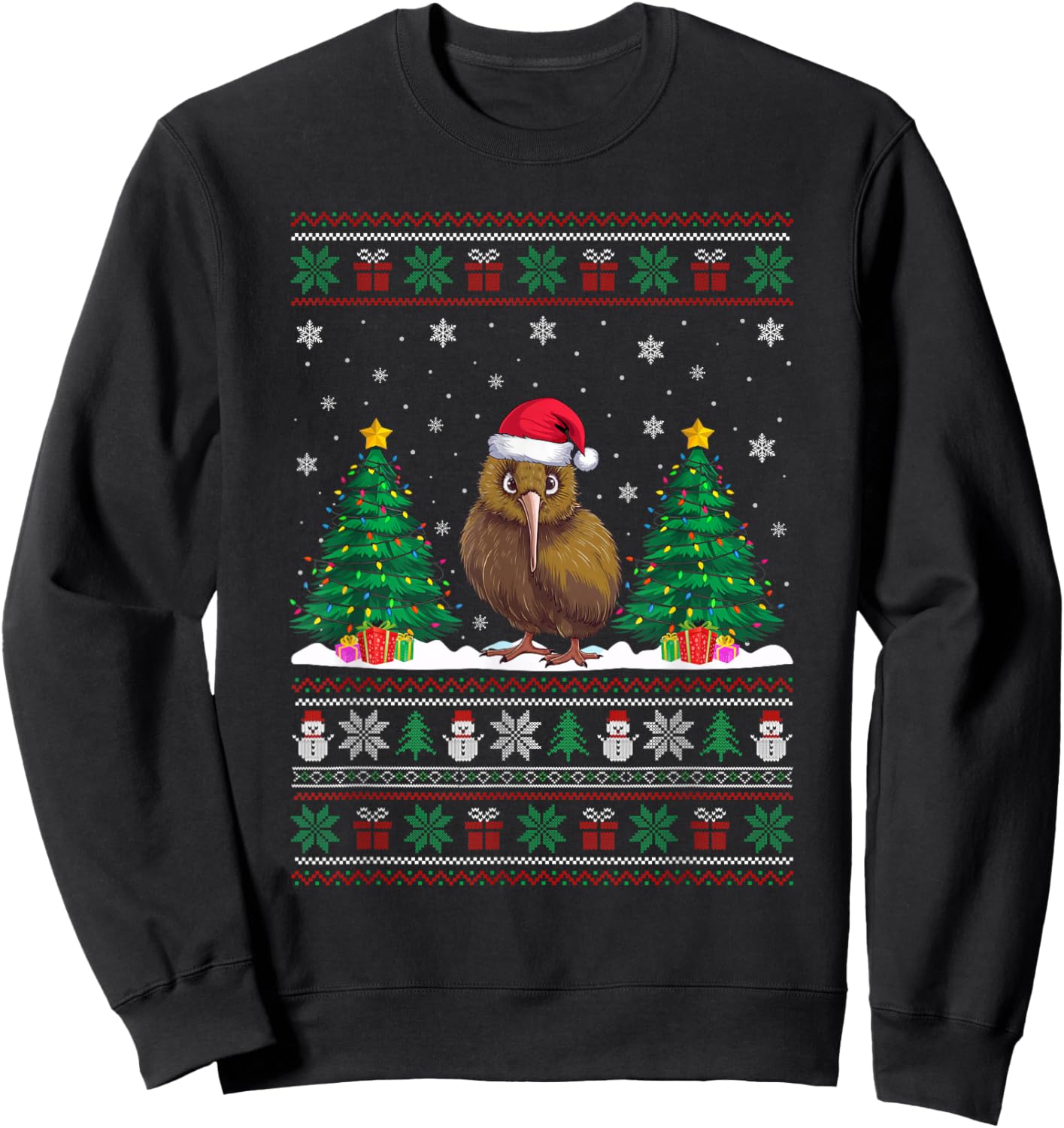 Santa Hat Kiwi Bird Christmas Tree Lights Ugly Sweater Sweatshirt - Sweatshirt | Black