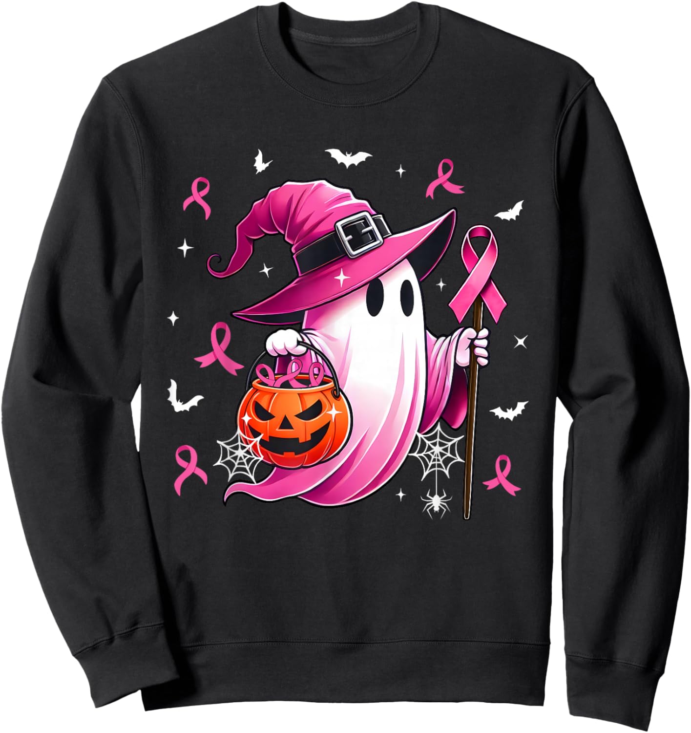 Halloween Pink Ghost Witch Breast Cancer Awareness Women Sweatshirt - Sweatshirt | Black