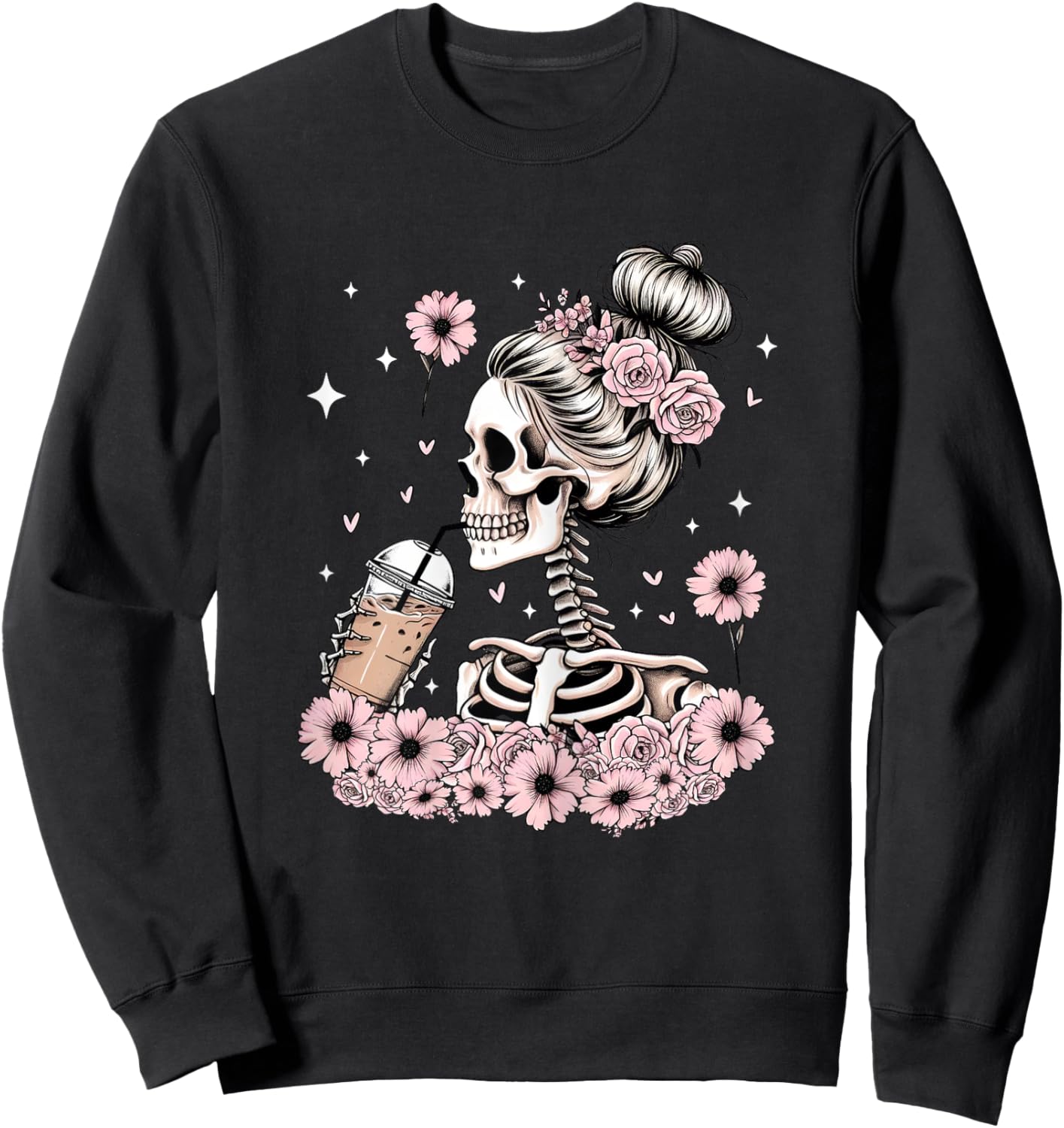 Halloween Skeleton Messy Bun Coffee Funny Costume Mom Women Sweatshirt - Sweatshirt | Black