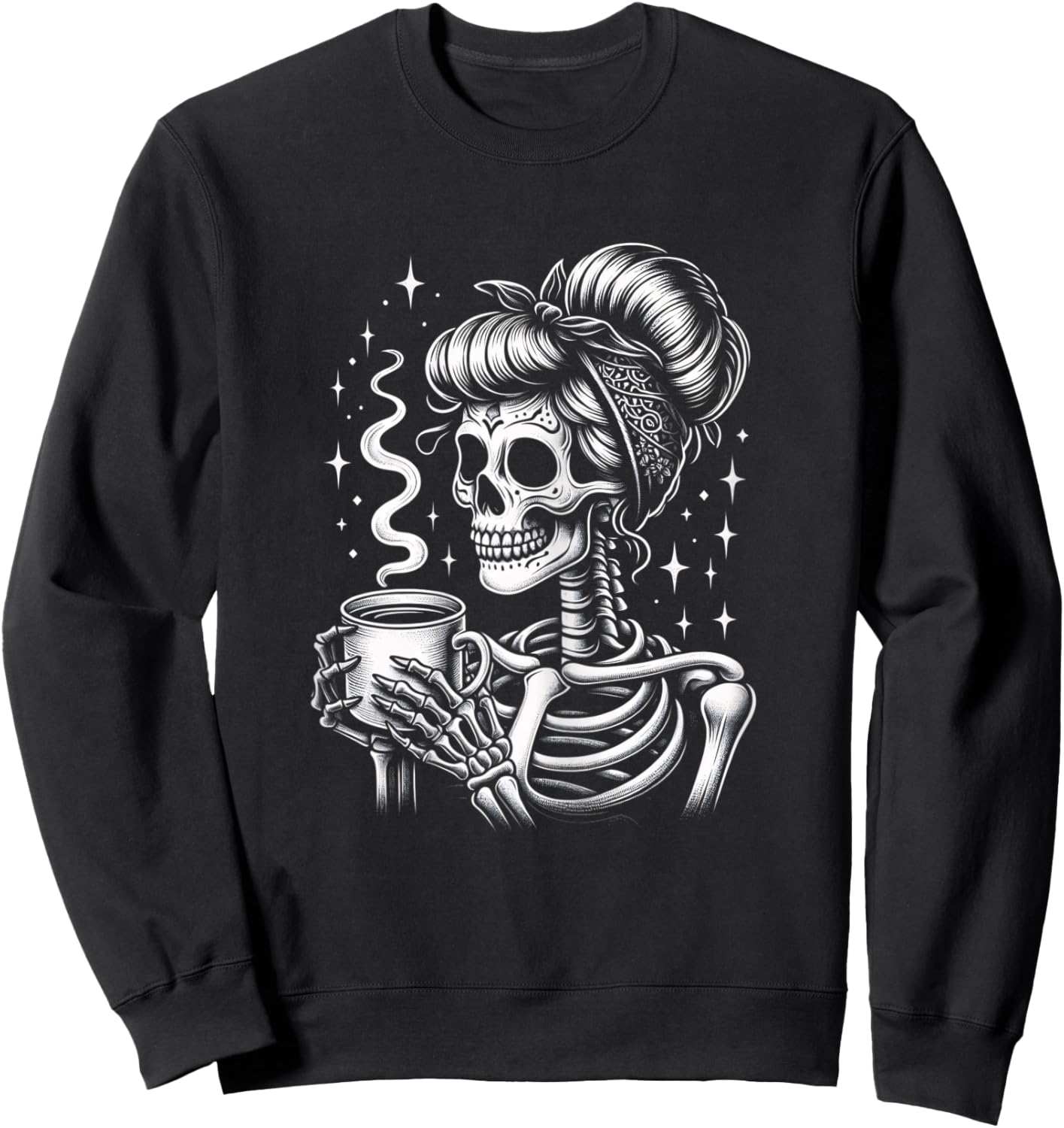 Halloween Skeleton Messy Bun Coffee Funny Costume Mom Women Sweatshirt - Sweatshirt | Black