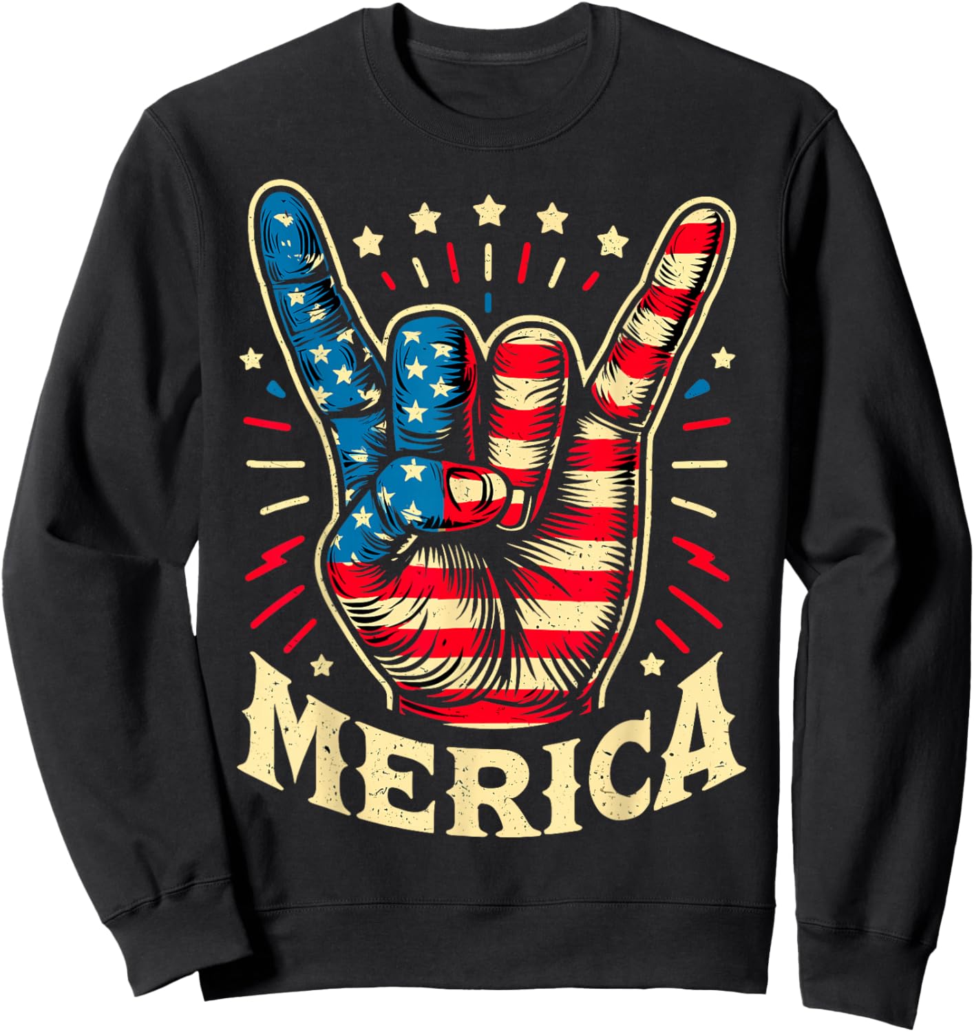 Merica 4th of July Rock and Roll USA Flag Sweatshirt - Sweatshirt | Black