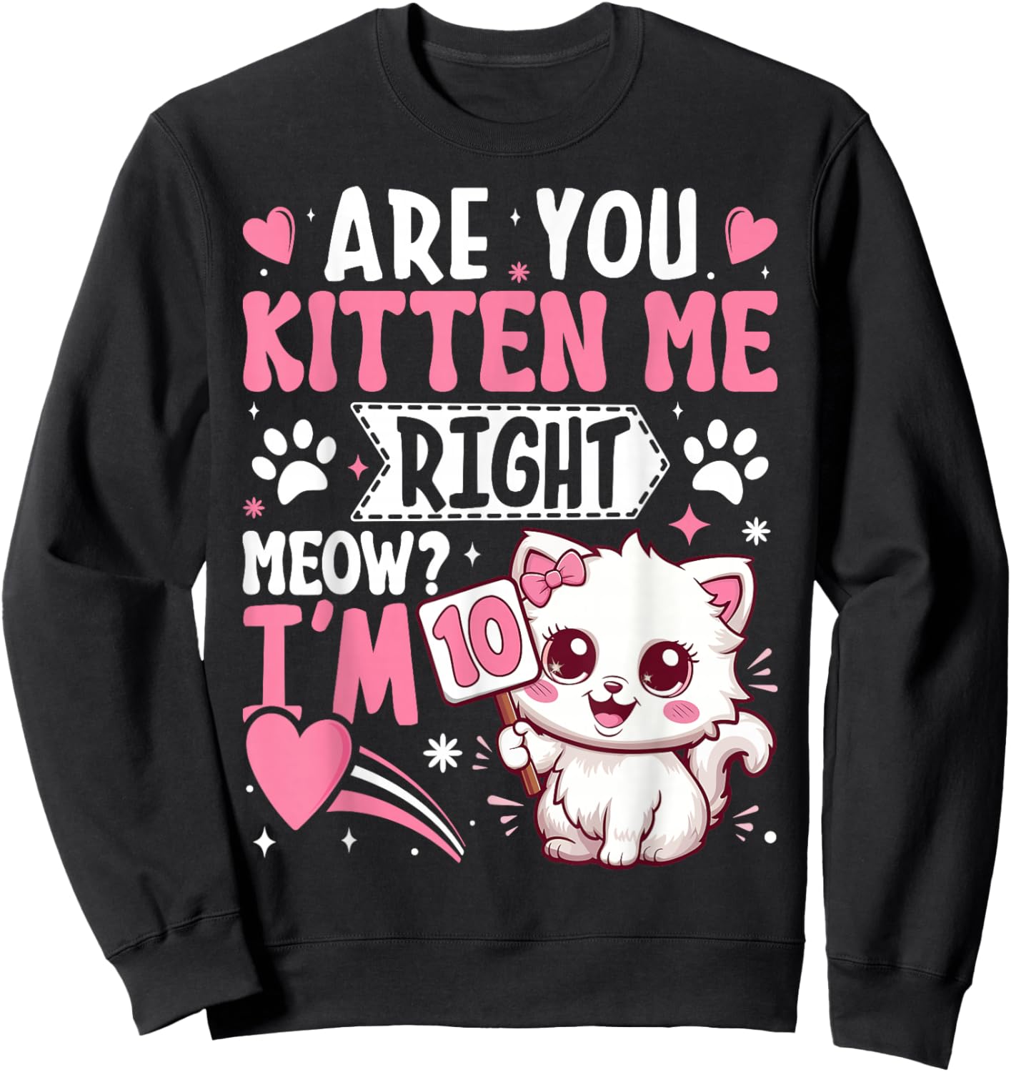 10th Birthday Shirt Girl 10 Year Old Kitten Cat Happy Bday Sweatshirt - Sweatshirt | Black