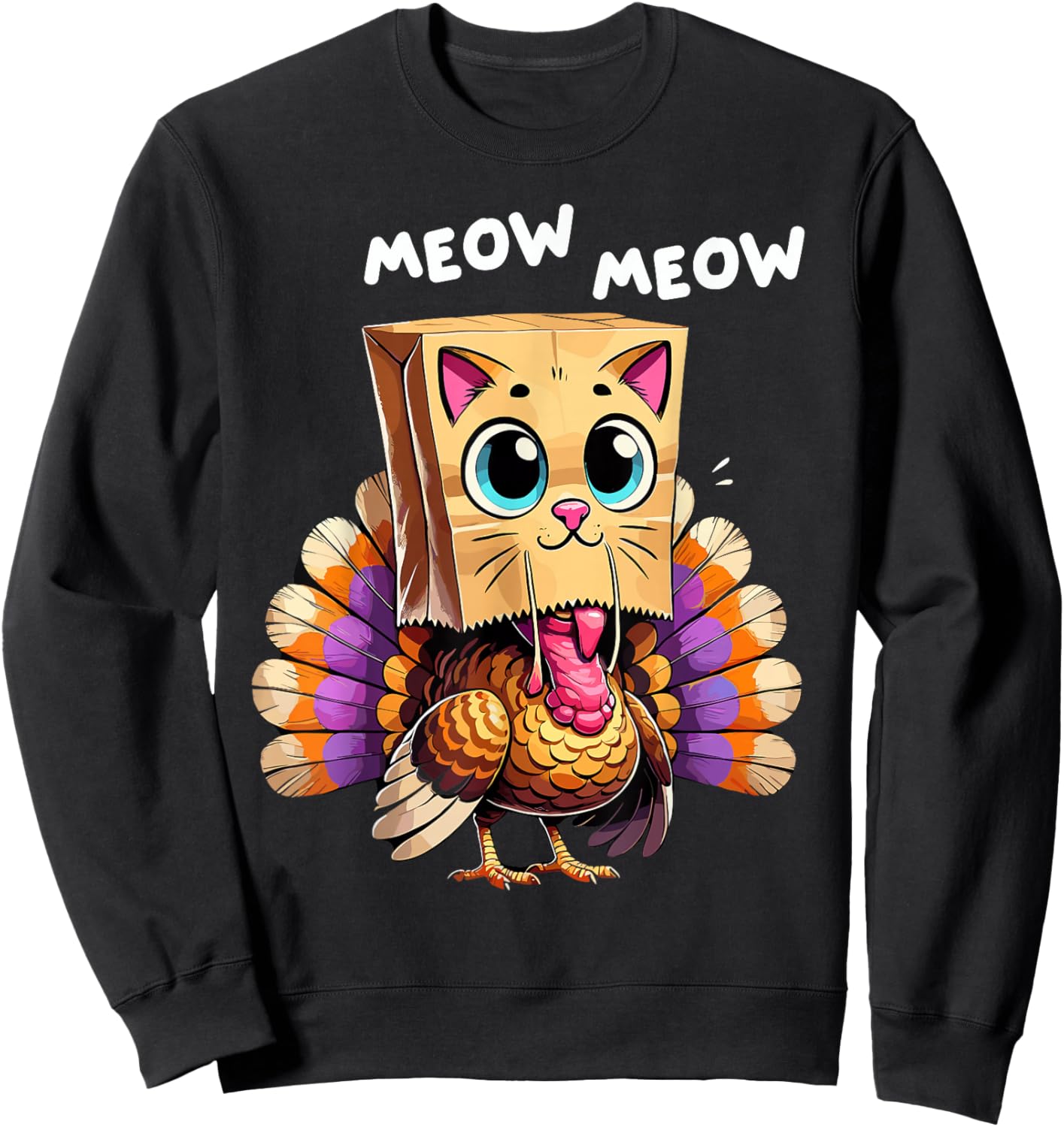Turkey Cat Meow Thanksgiving Shirts Women Thanksgiving Gifts Sweatshirt - Sweatshirt | Black
