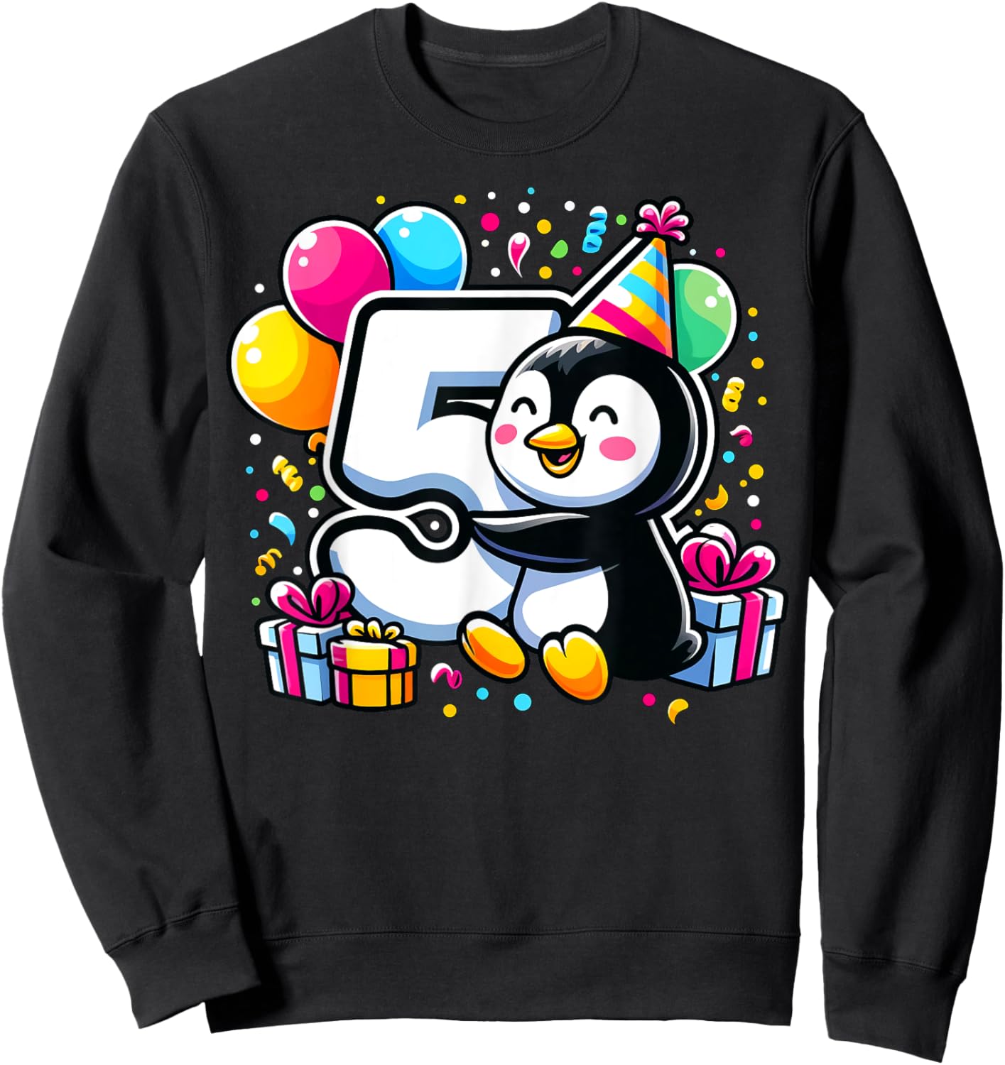 Kids Penguin Theme fifth Bday Party 5th Penguin Birthday Sweatshirt - Sweatshirt | Black